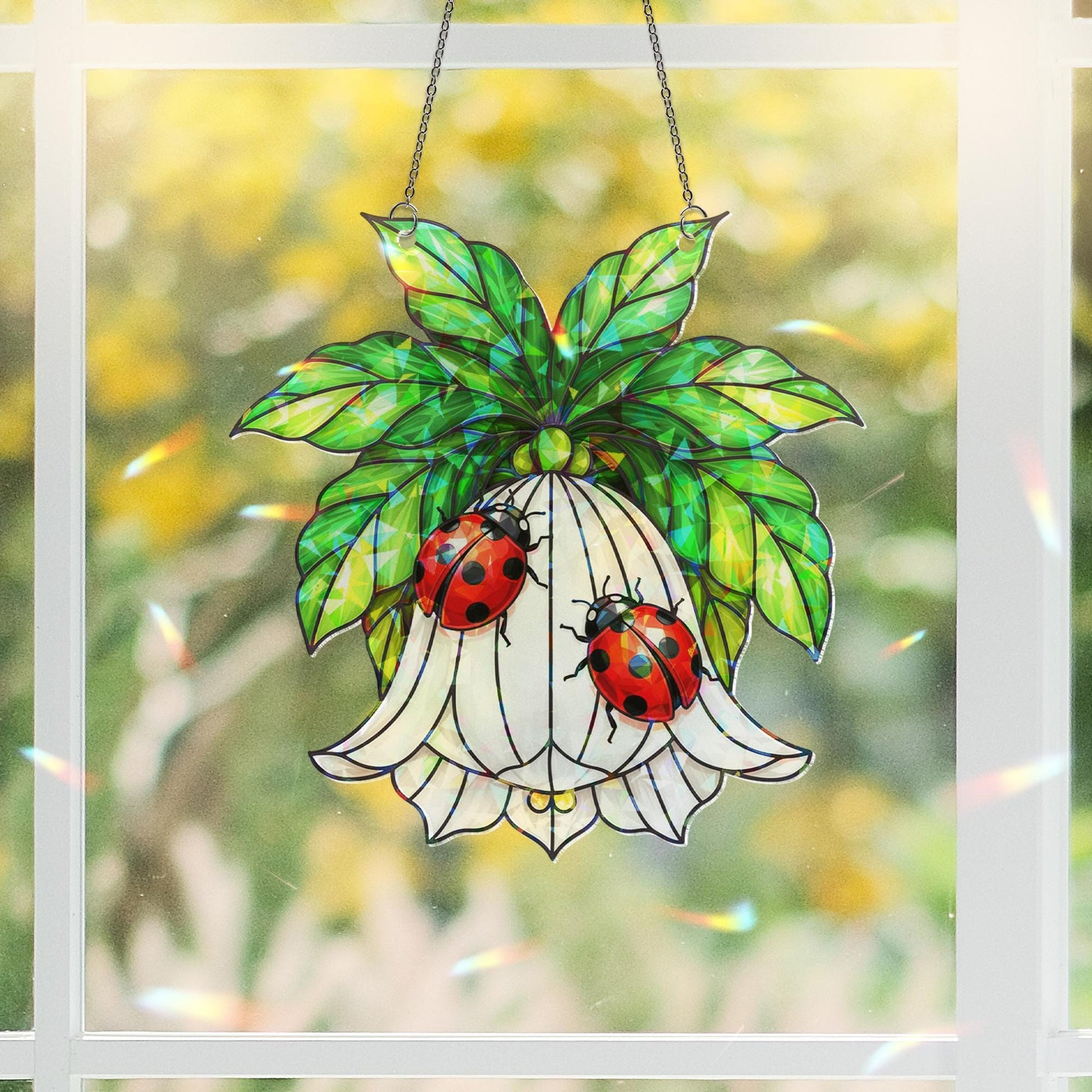 Acrylic Suncatcher: Holographic Window Hanging, Ladybug Flower Design