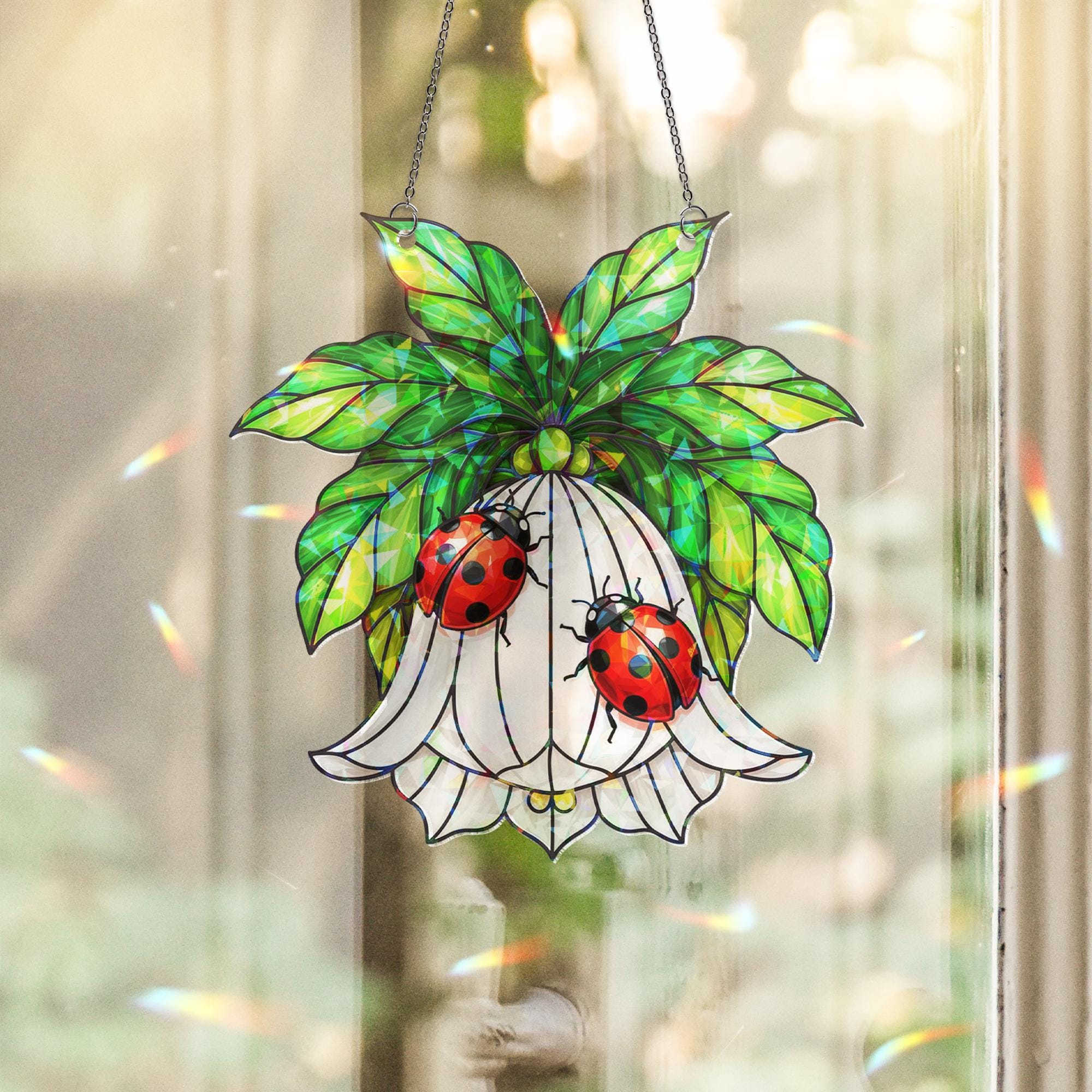 Acrylic Suncatcher: Holographic Window Hanging, Ladybug Flower Design