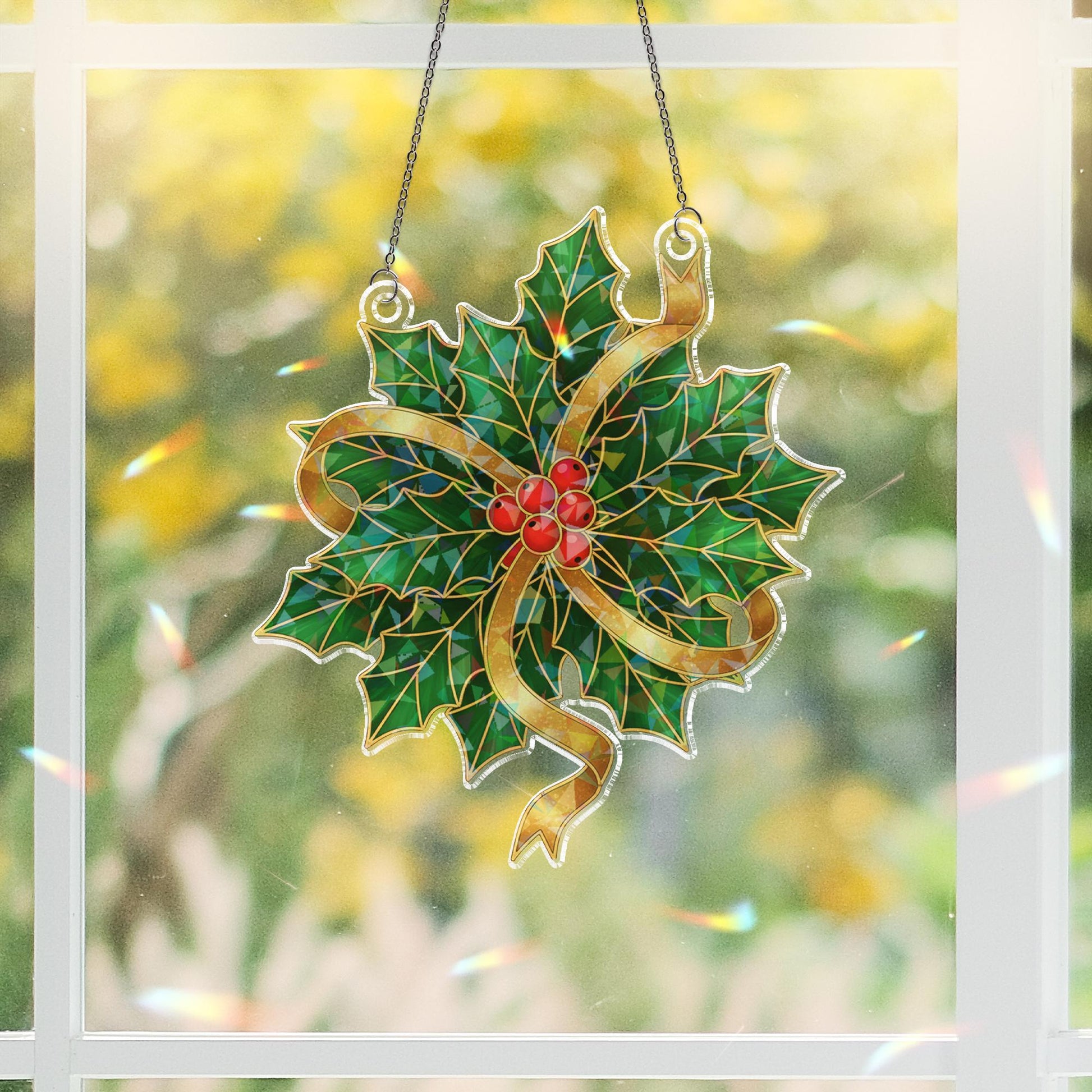 Acrylic Suncatcher: Holographic Window Hanging, Holly Leaves Christmas Design