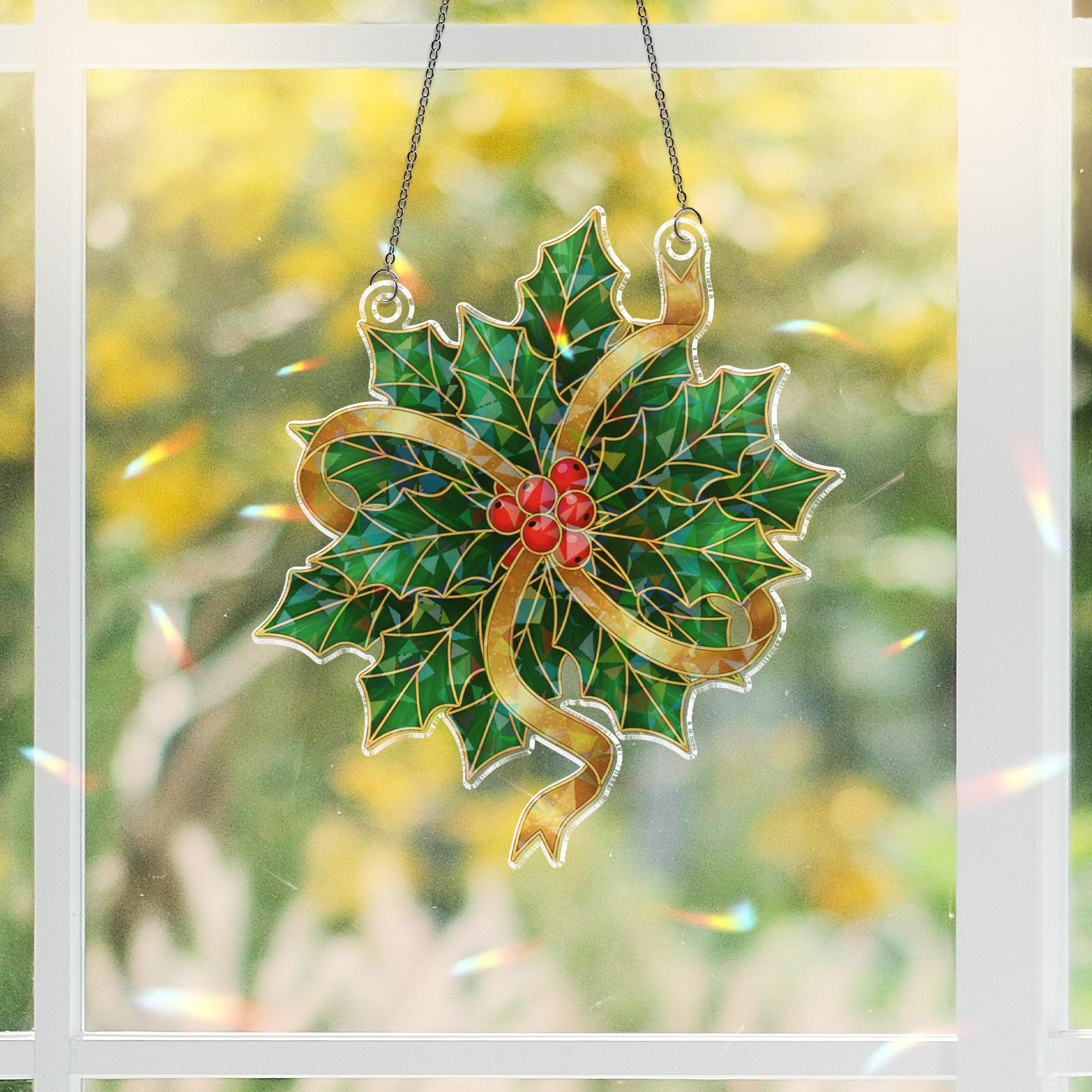 Acrylic Suncatcher: Holographic Window Hanging, Holly Leaves Christmas Design
