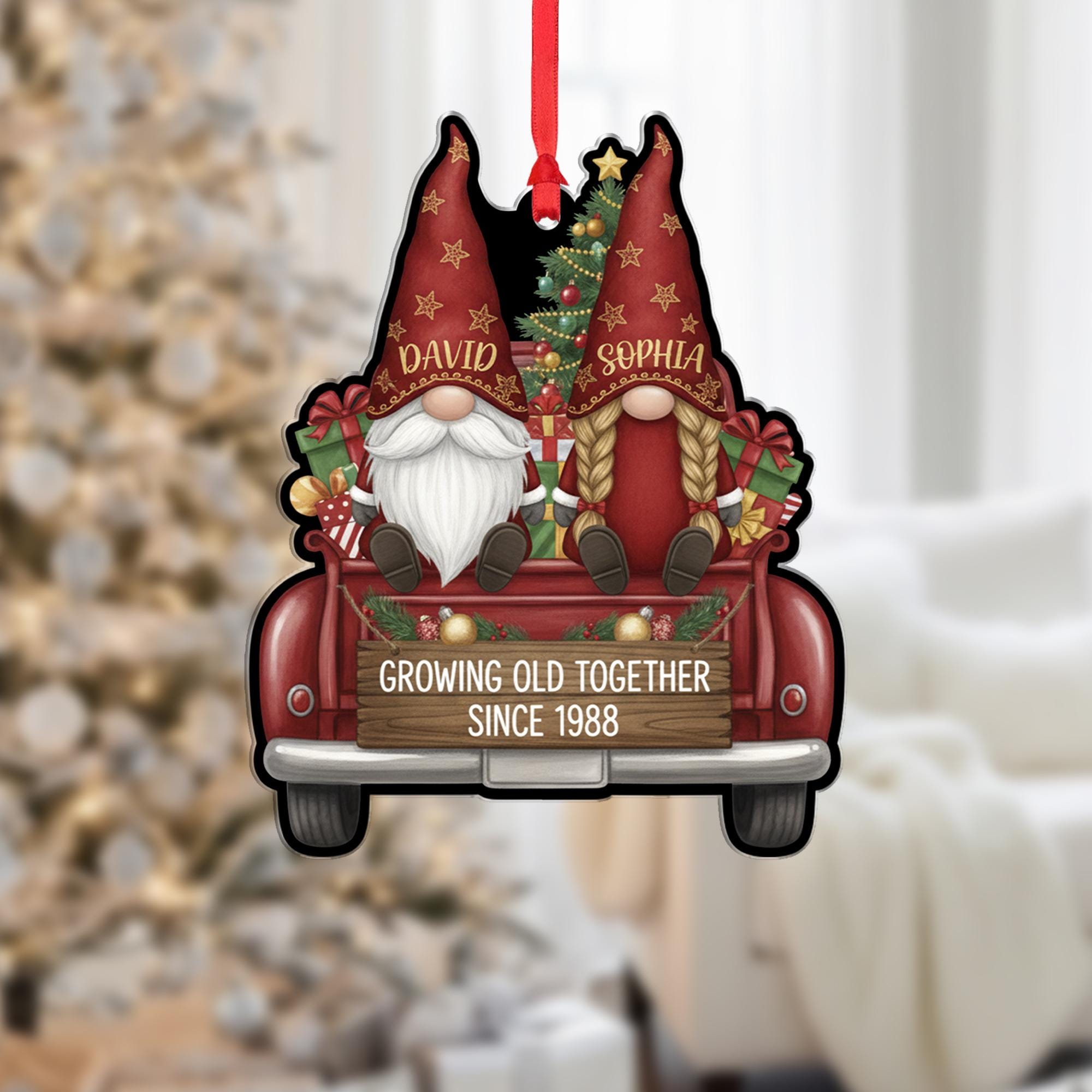 Ornament: Personalized Gnome Couple, Christmas Tree Decoration, Red Truck Design