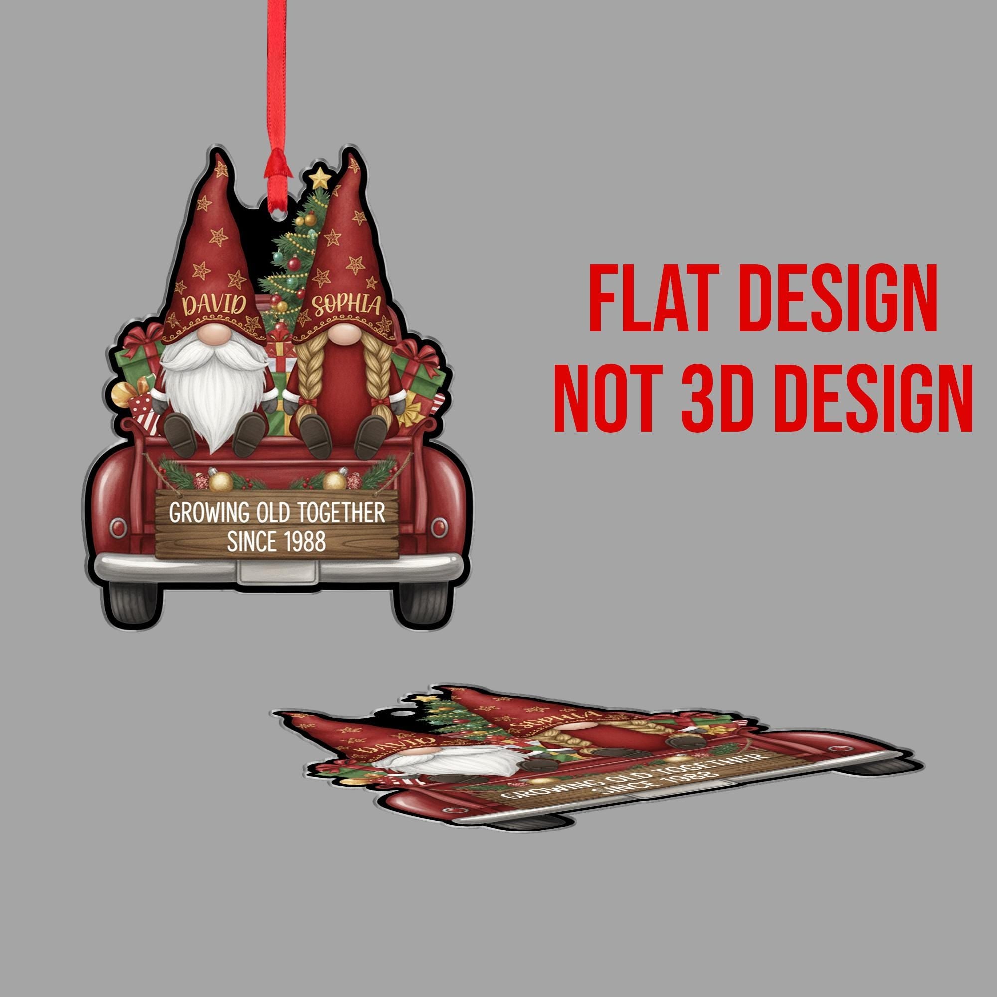 Ornament: Personalized Gnome Couple, Christmas Tree Decoration, Red Truck Design