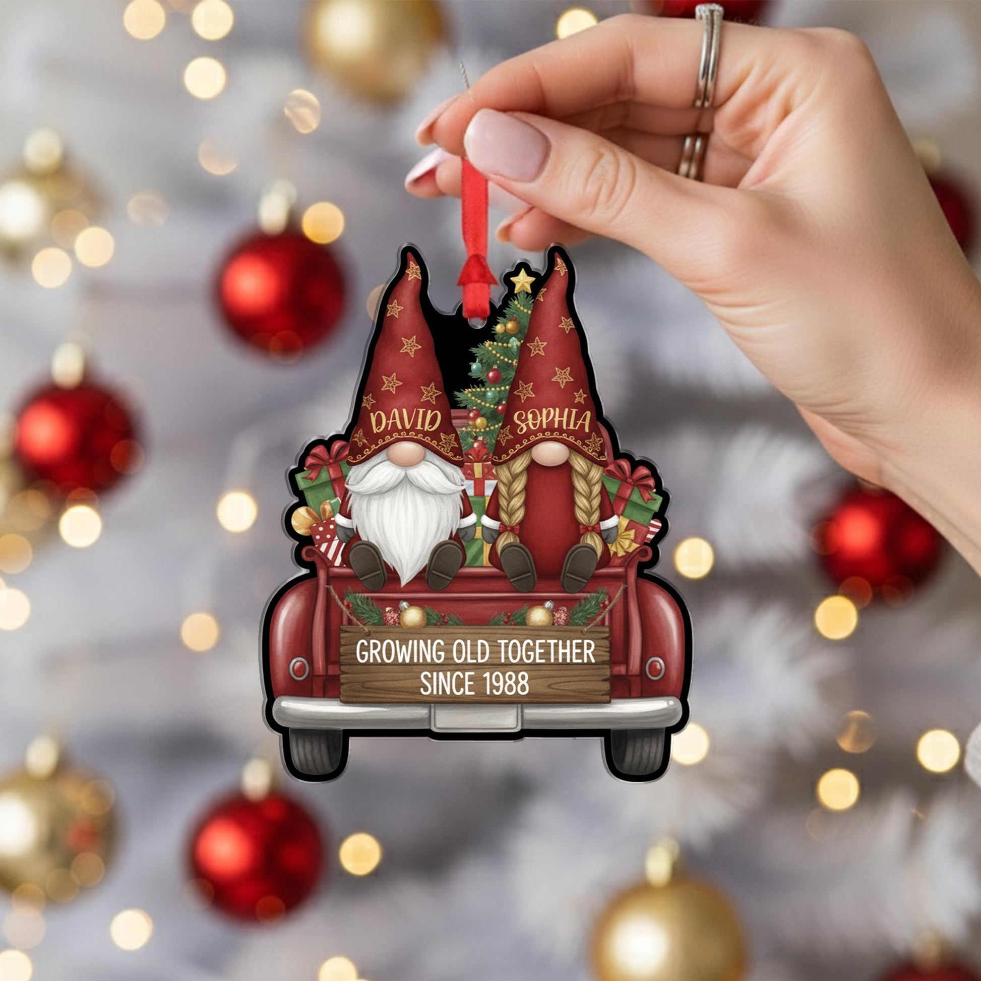 Ornament: Personalized Gnome Couple, Christmas Tree Decoration, Red Truck Design