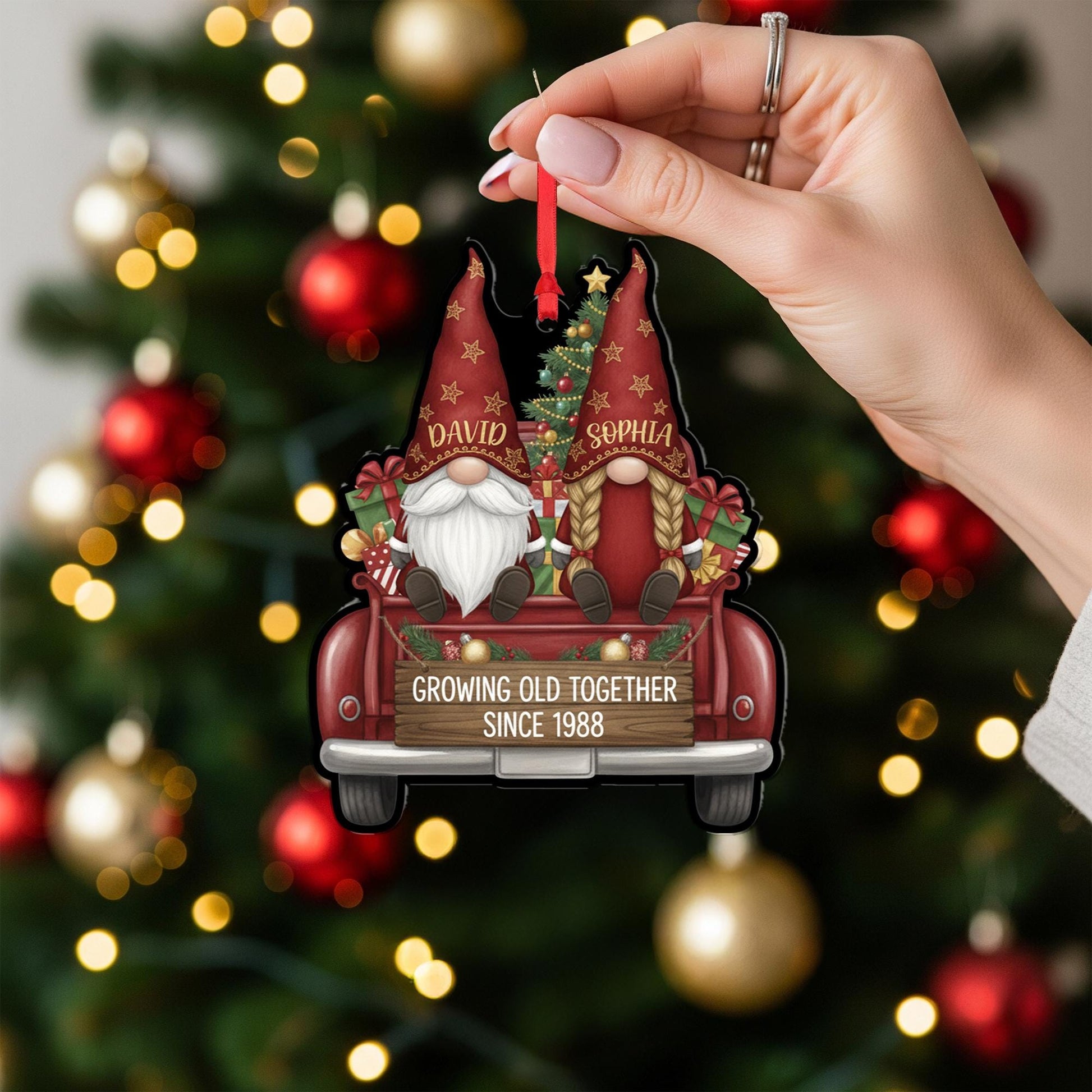 Ornament: Personalized Gnome Couple, Christmas Tree Decoration, Red Truck Design