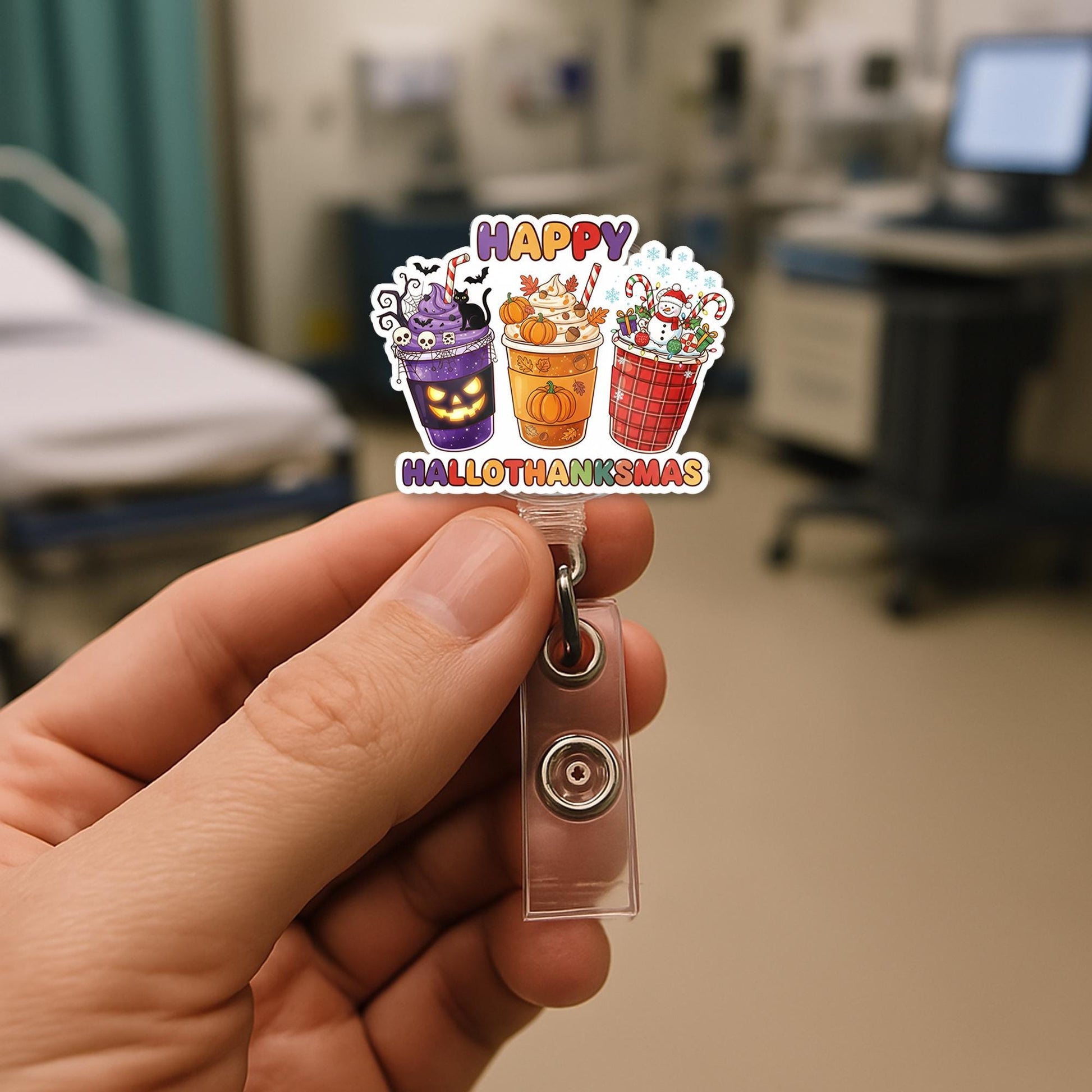 Hallothanksmas Badge Reel: Acrylic Coffee Cup Nurse ID Clip
