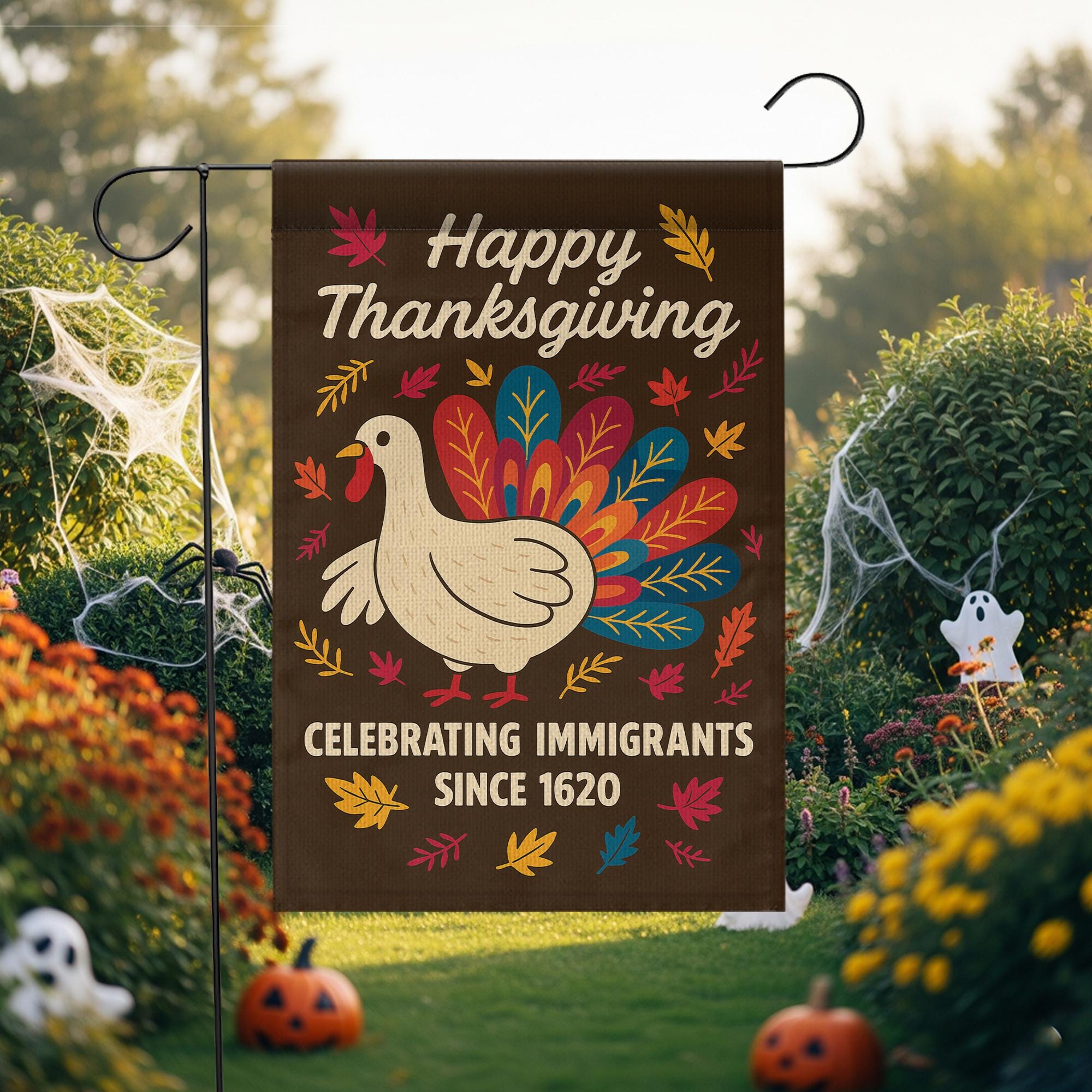 Thanks Giving Garden Flag: Thanksgiving Outdoor Decoration, Turkey and Autumn Leaves Design
