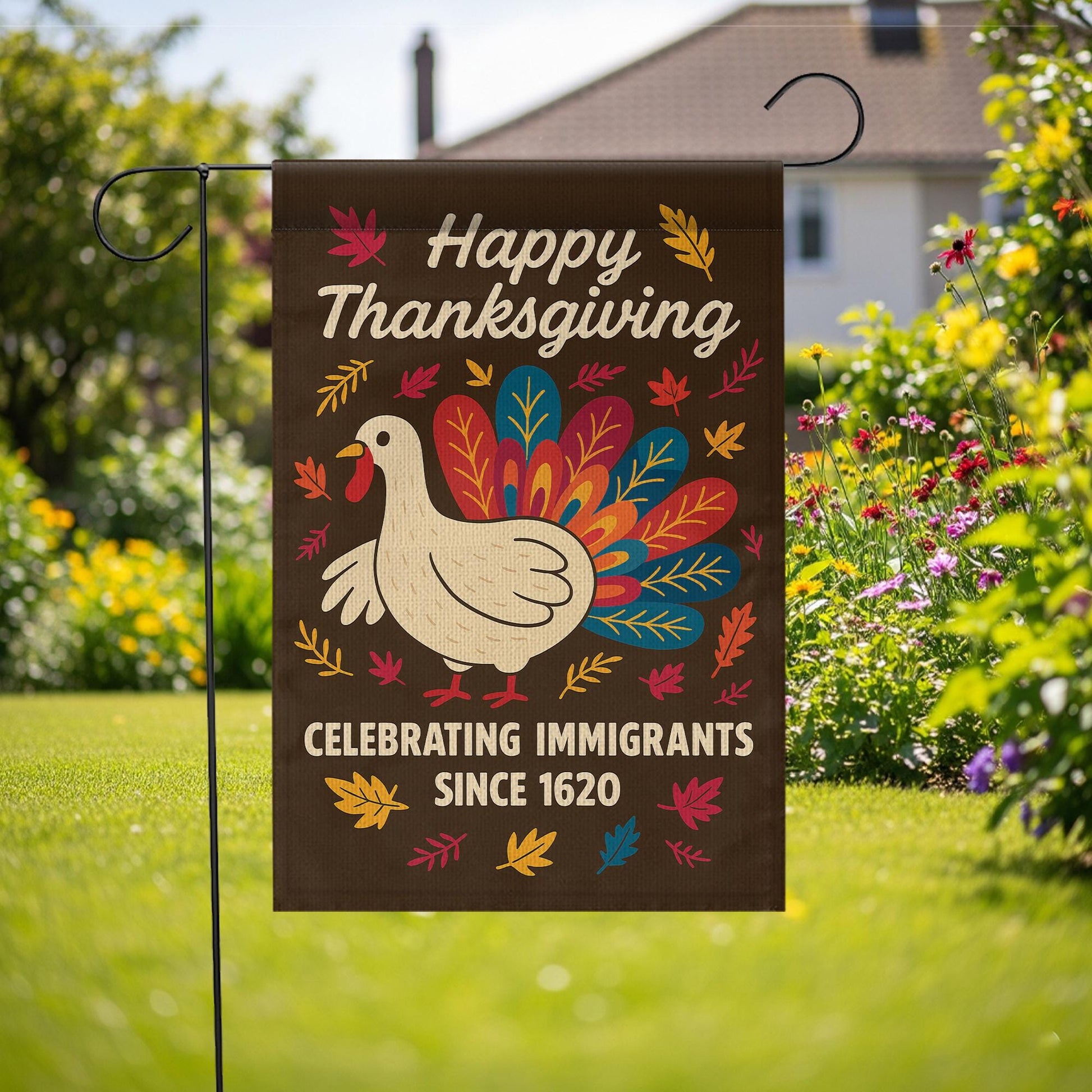 Thanks Giving Garden Flag: Thanksgiving Outdoor Decoration, Turkey and Autumn Leaves Design