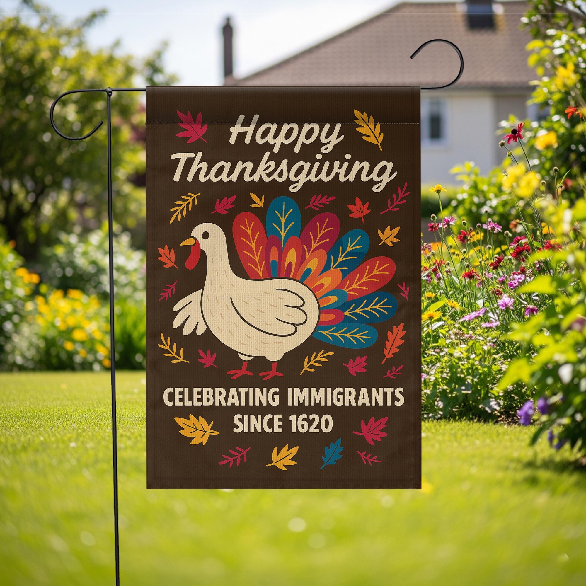 Thanks Giving Garden Flag: Thanksgiving Outdoor Decoration, Turkey and Autumn Leaves Design