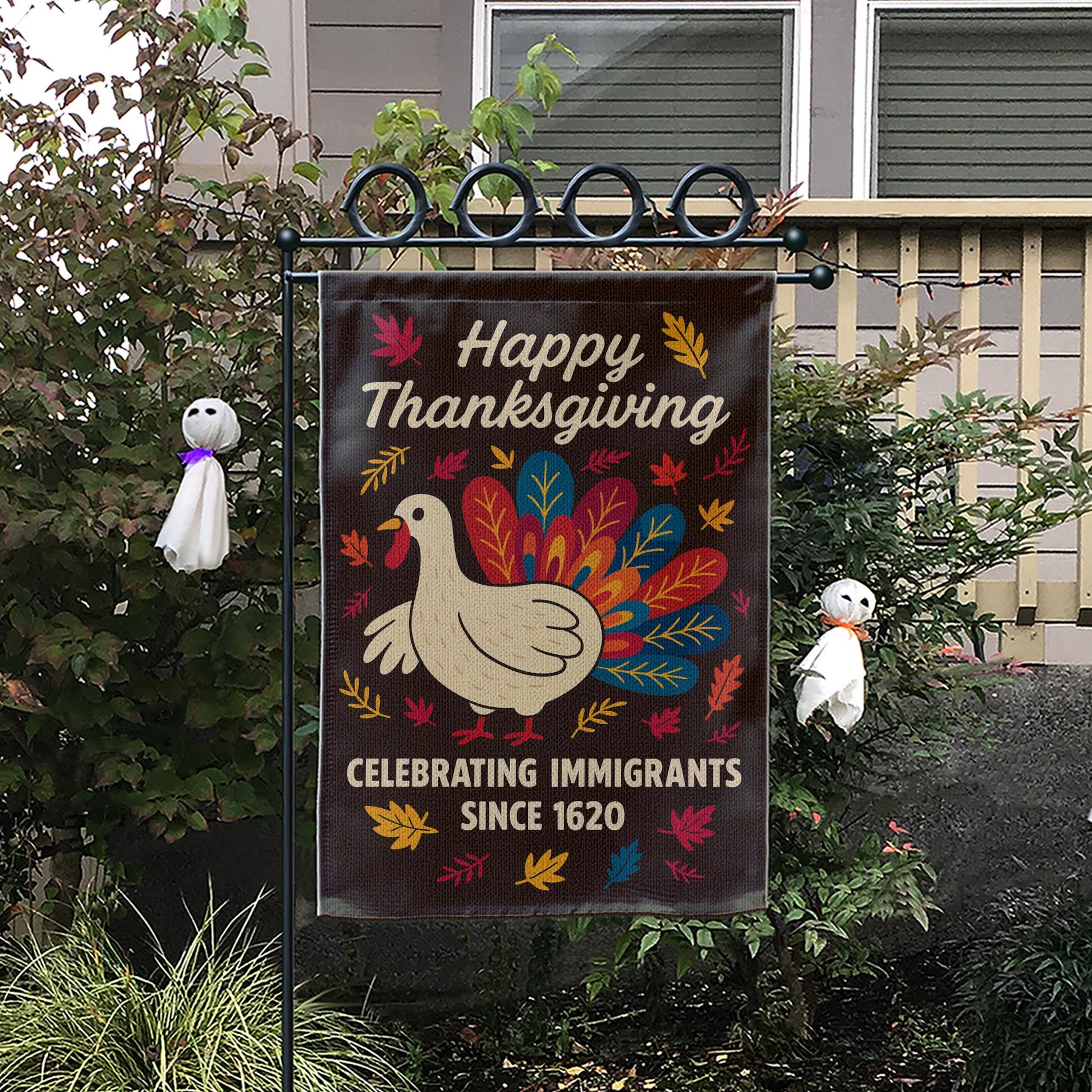 Thanks Giving Garden Flag: Thanksgiving Outdoor Decoration, Turkey and Autumn Leaves Design