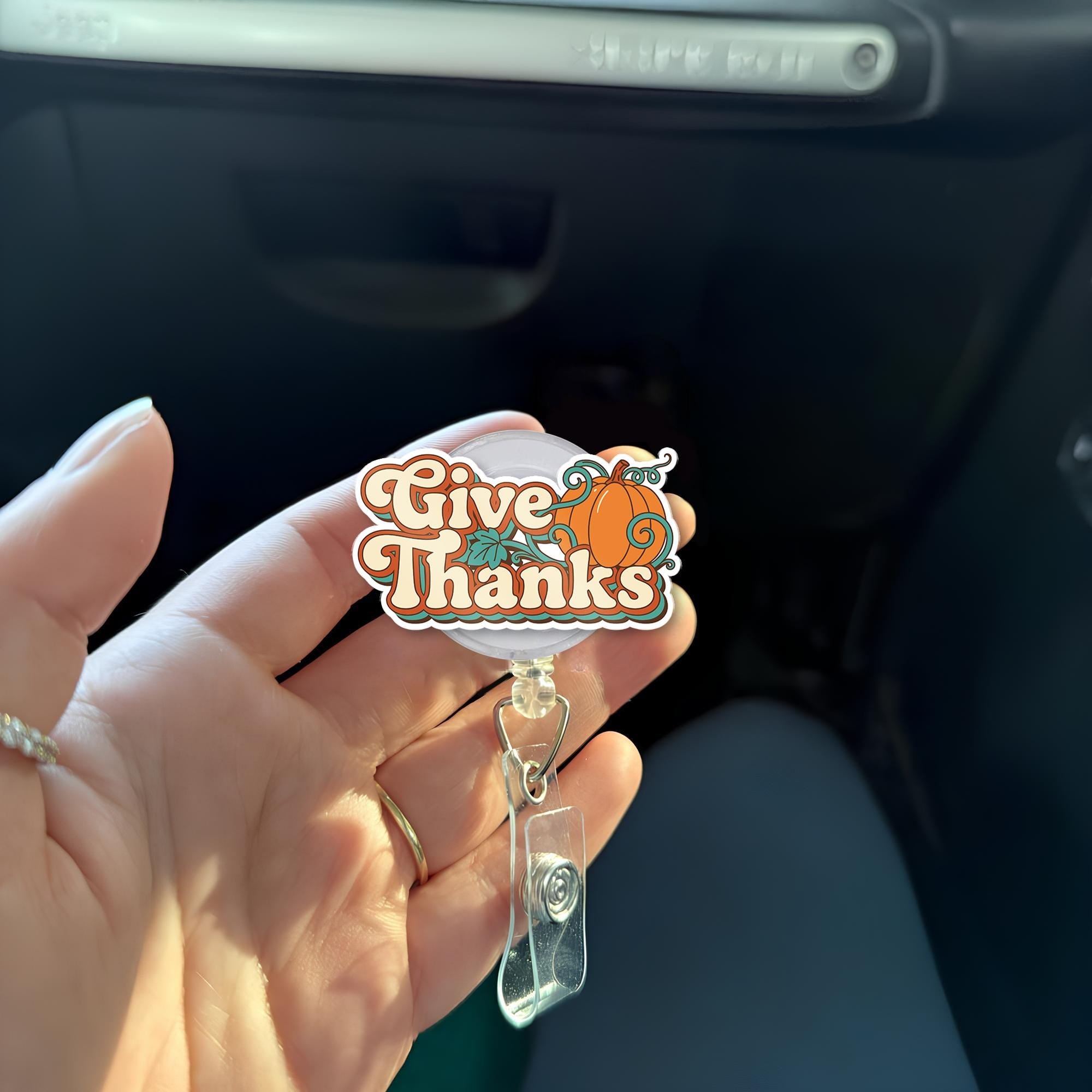 Badge Reel: Give Thanks Pumpkin Design, Retractable Fall ID Holder