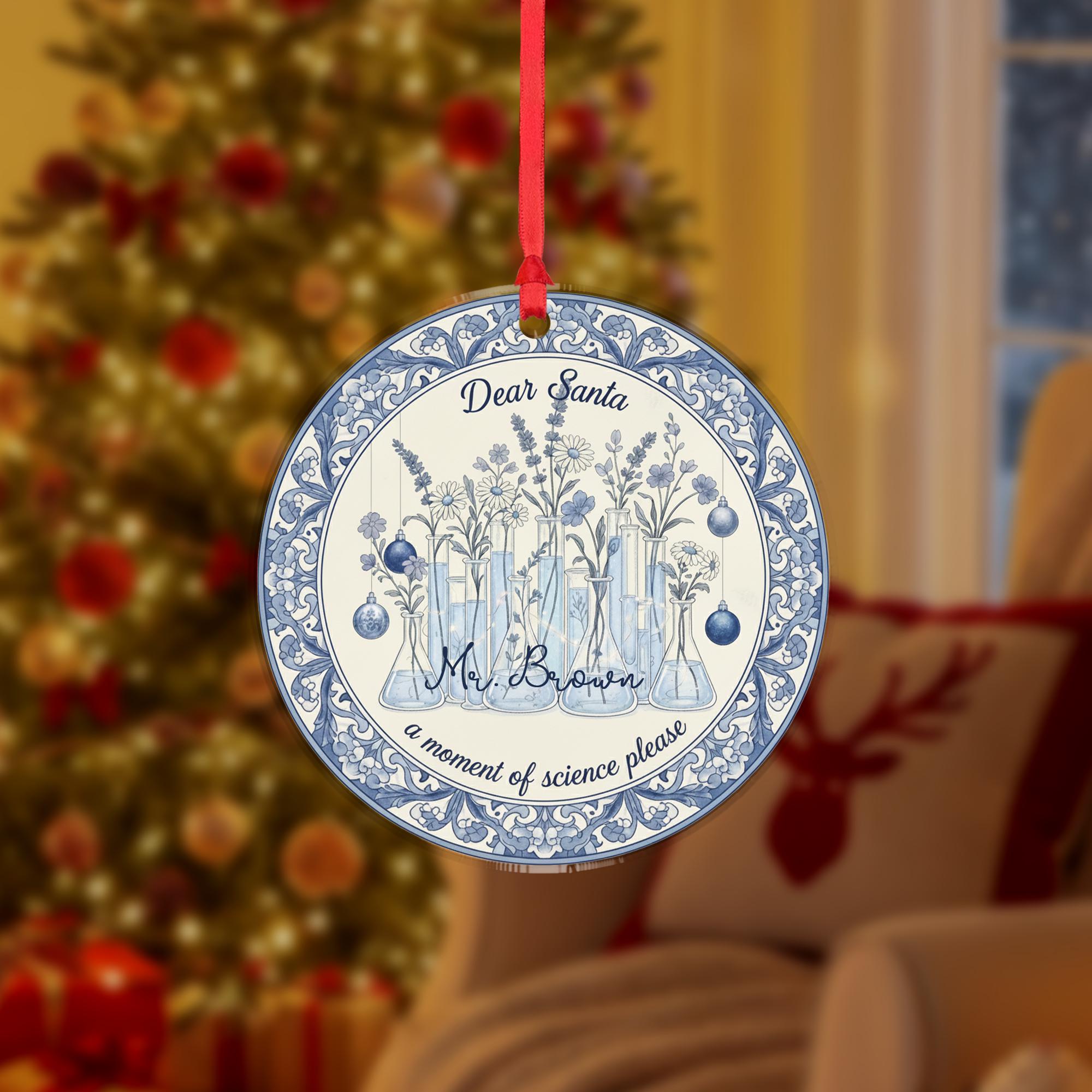 Science Teacher Ceramic Ornament – Round, Blue Lab Glassware Design, Custom Name