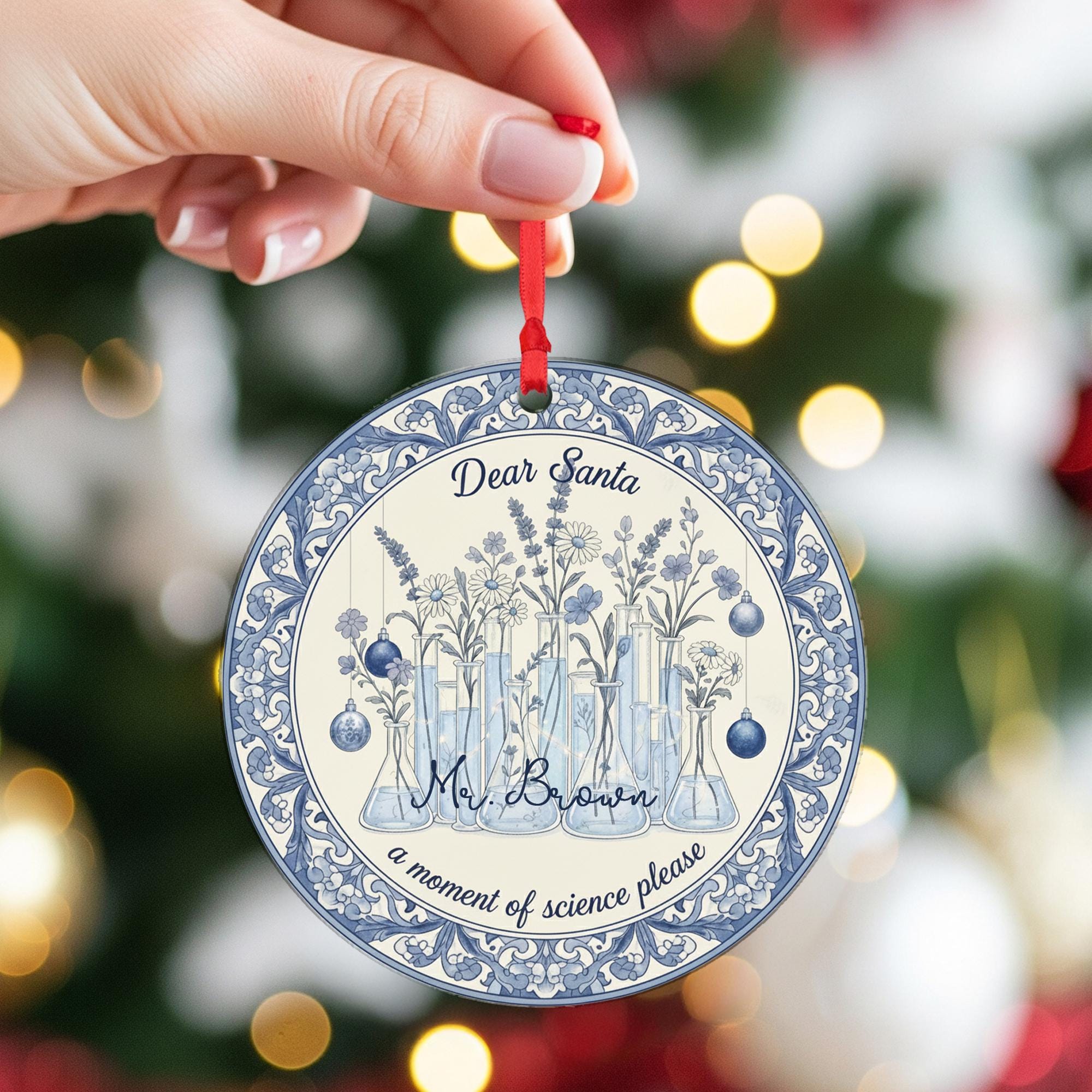 Science Teacher Ceramic Ornament – Round, Blue Lab Glassware Design, Custom Name