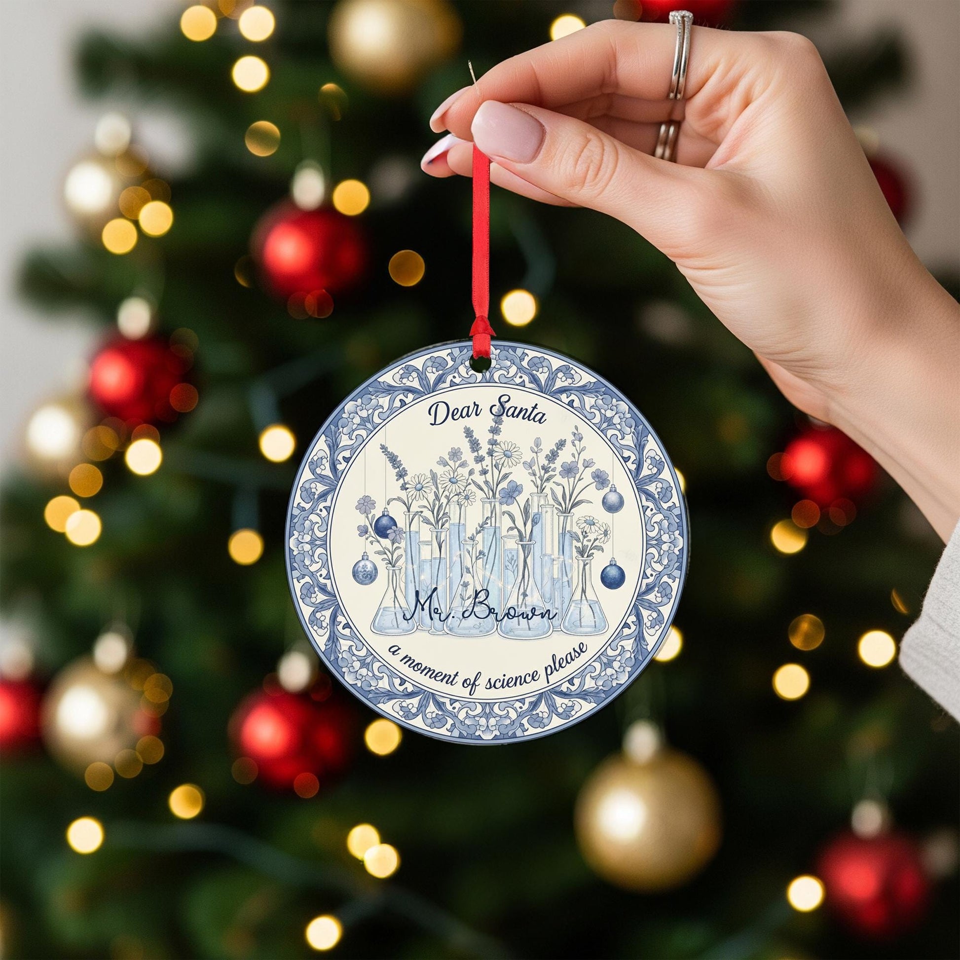 Science Teacher Ceramic Ornament – Round, Blue Lab Glassware Design, Custom Name
