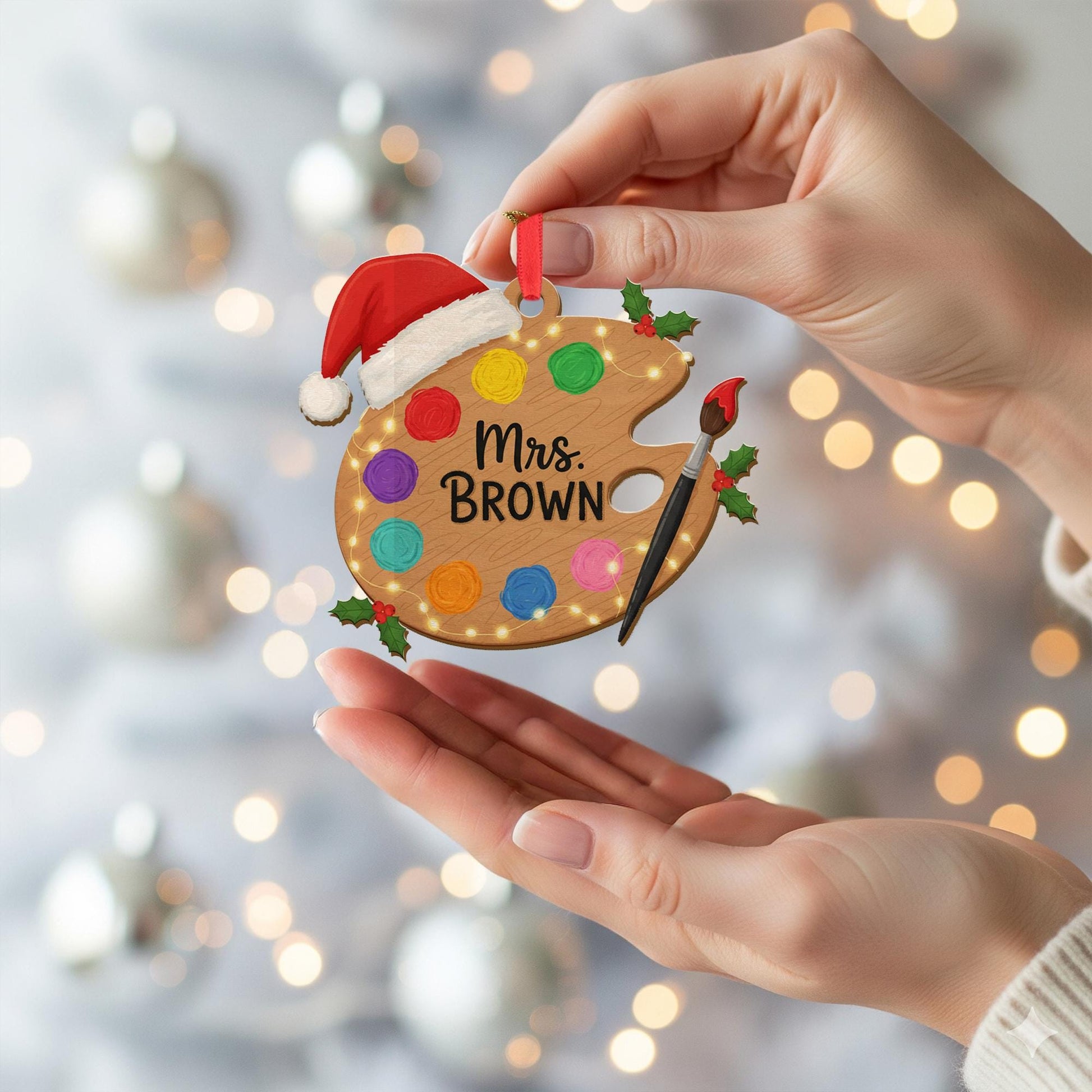 Art Teacher Acrylic Ornament – Paint Palette & Brush, Santa Hat, Custom Name