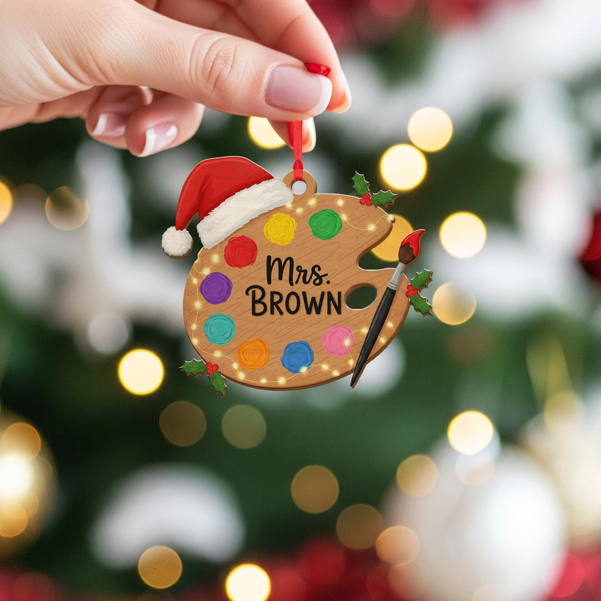 Art Teacher Acrylic Ornament – Paint Palette & Brush, Santa Hat, Custom Name