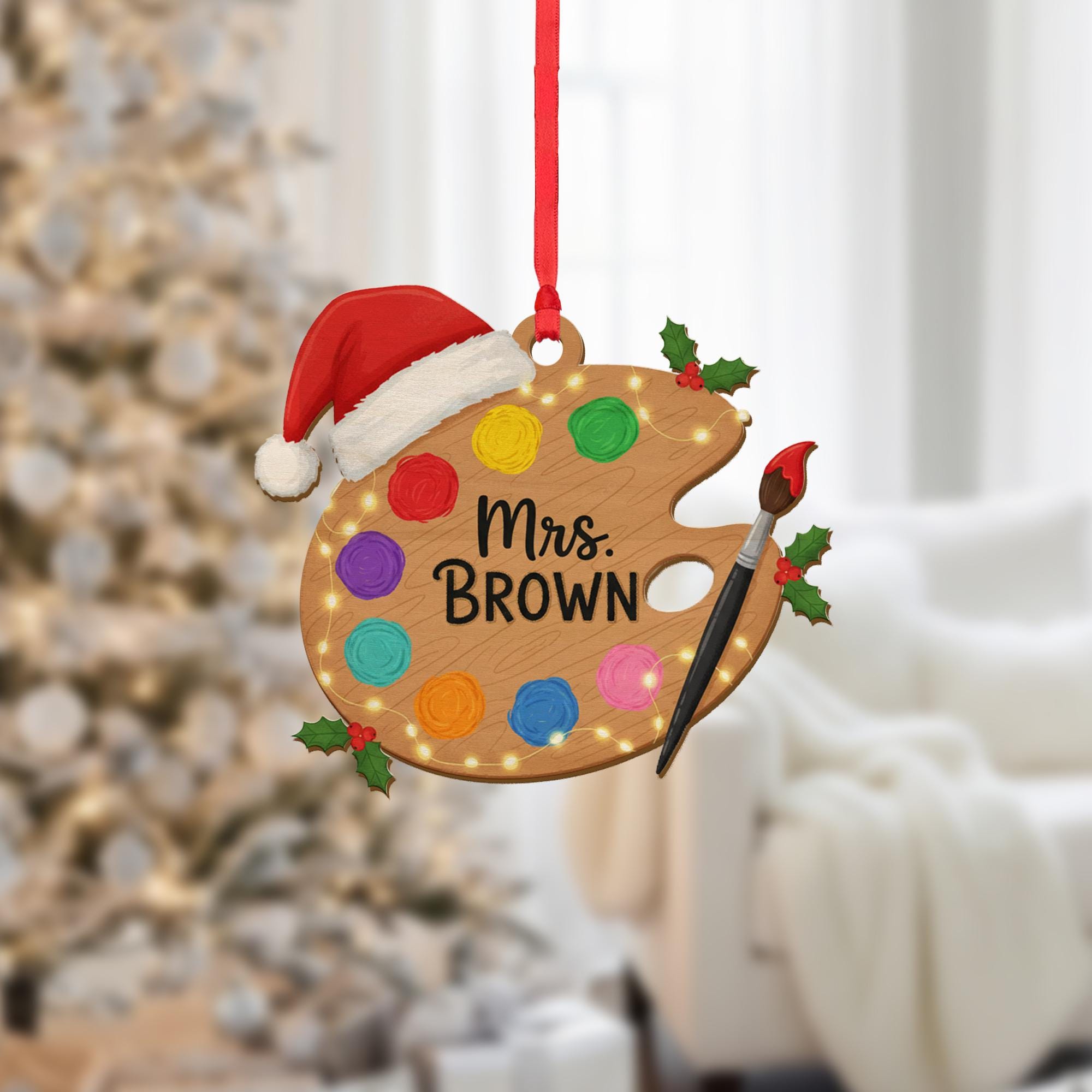 Art Teacher Acrylic Ornament – Paint Palette & Brush, Santa Hat, Custom Name