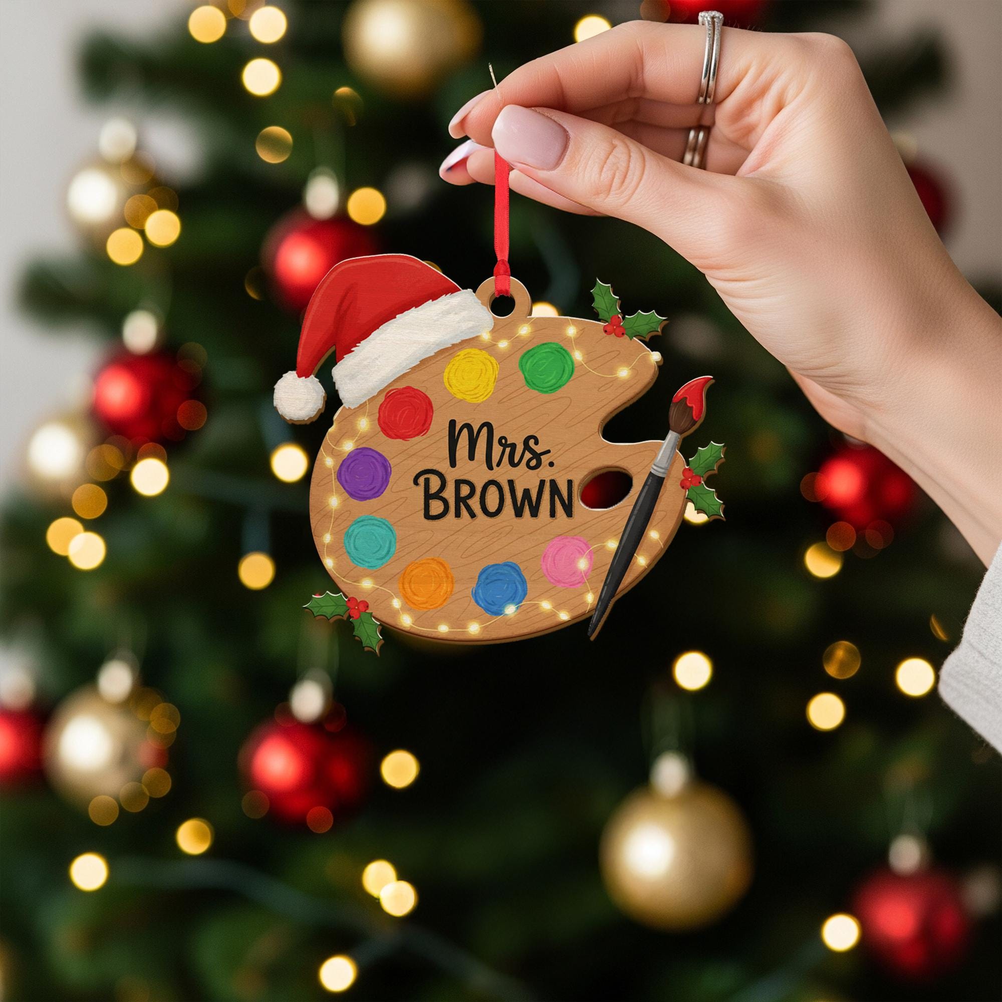 Art Teacher Acrylic Ornament – Paint Palette & Brush, Santa Hat, Custom Name