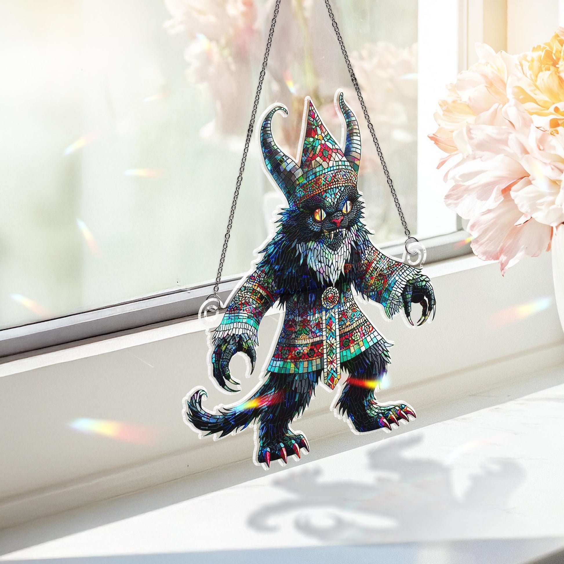 Krampus Cat Holographic Window Hanging – Gothic Style Holiday Ornament Decor
