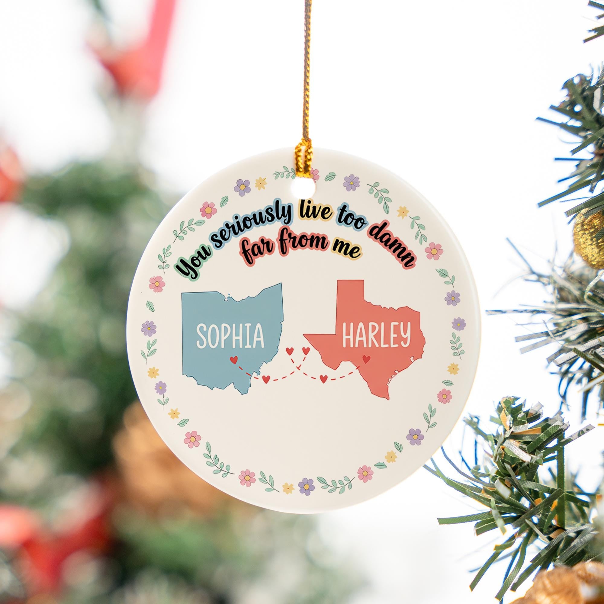 Personalized Long Distance Ceramic Ornament – Custom State Map & Name Gift for Friends or Family