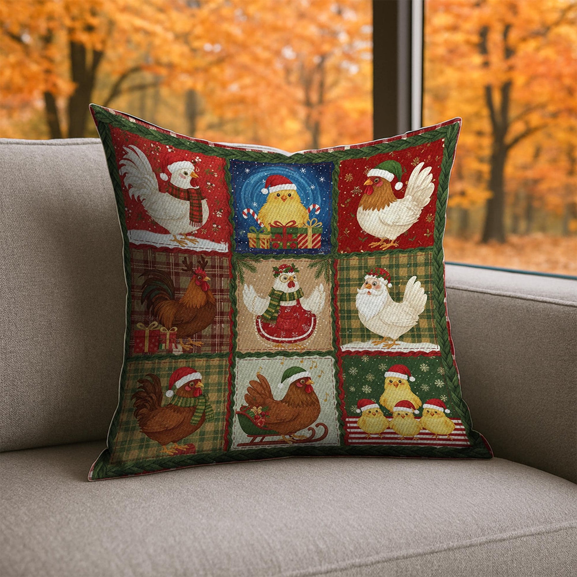 Christmas Farmhouse Chicken Pillow – Holiday Rooster and Hen Throw Cushion Decor
