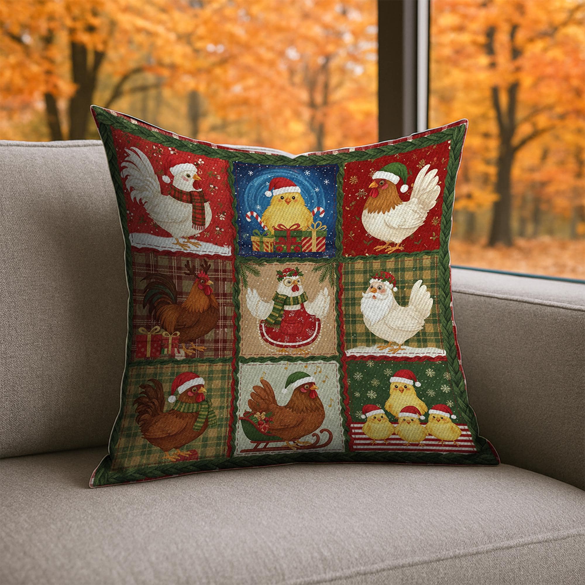 Christmas Farmhouse Chicken Pillow – Holiday Rooster and Hen Throw Cushion Decor