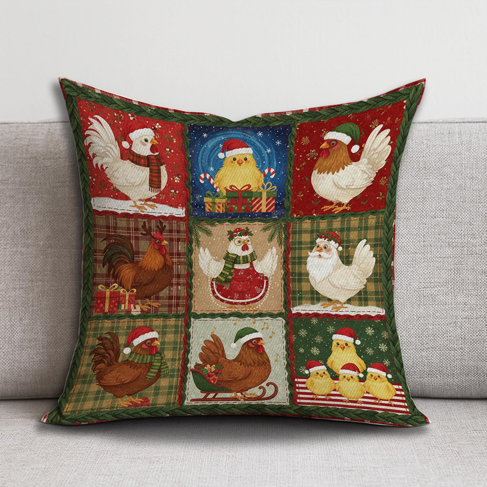Christmas Farmhouse Chicken Pillow – Holiday Rooster and Hen Throw Cushion Decor