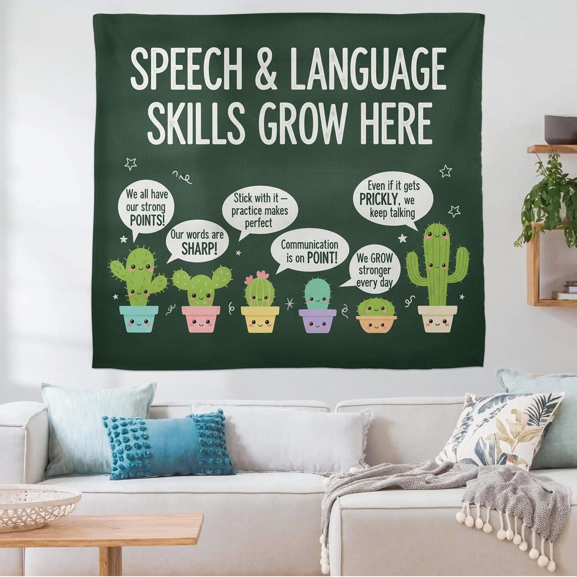 Speech Therapy Classroom Tapestry – Language Skills Growth Wall Decor with Cute Cactus Design
