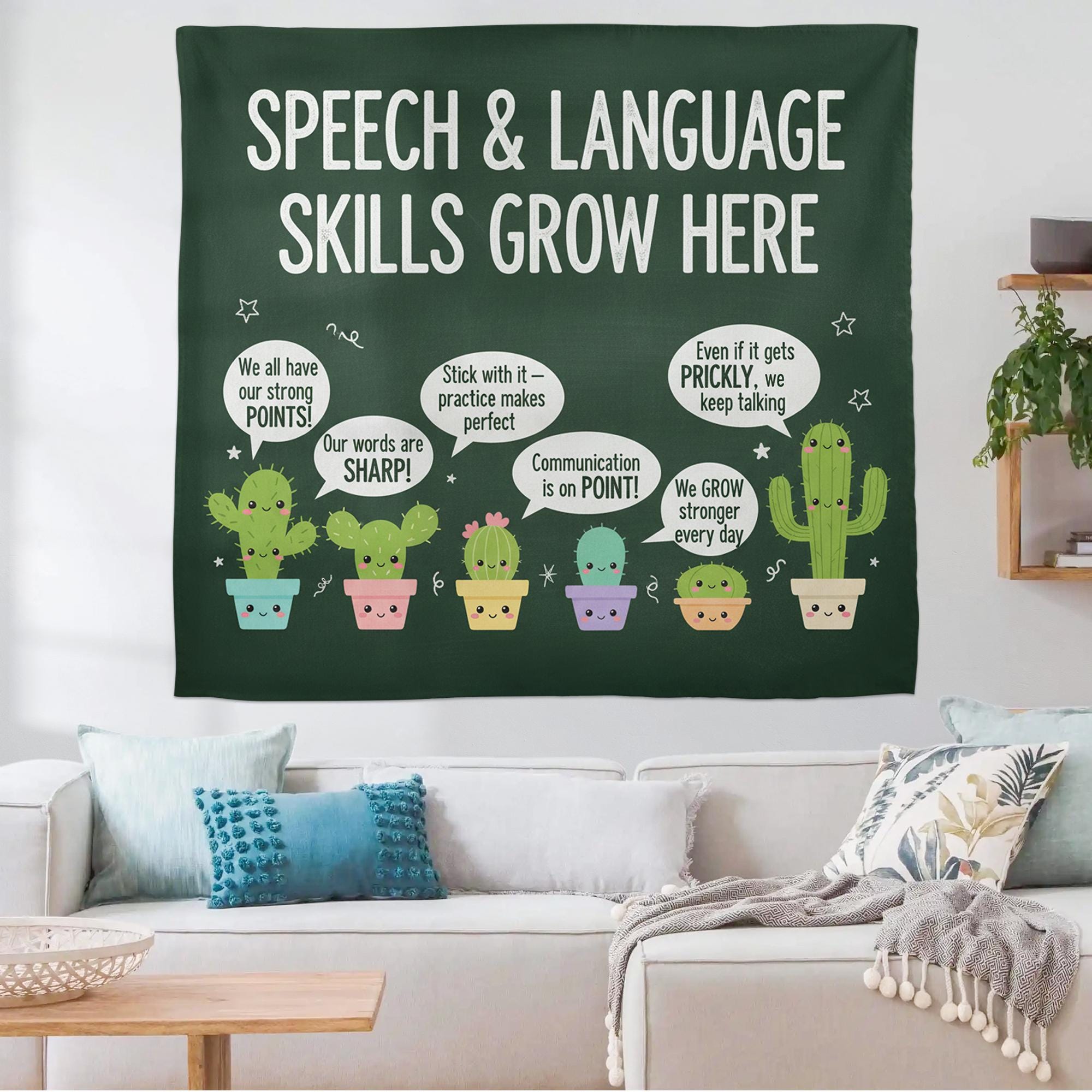 Speech Therapy Classroom Tapestry – Language Skills Growth Wall Decor with Cute Cactus Design