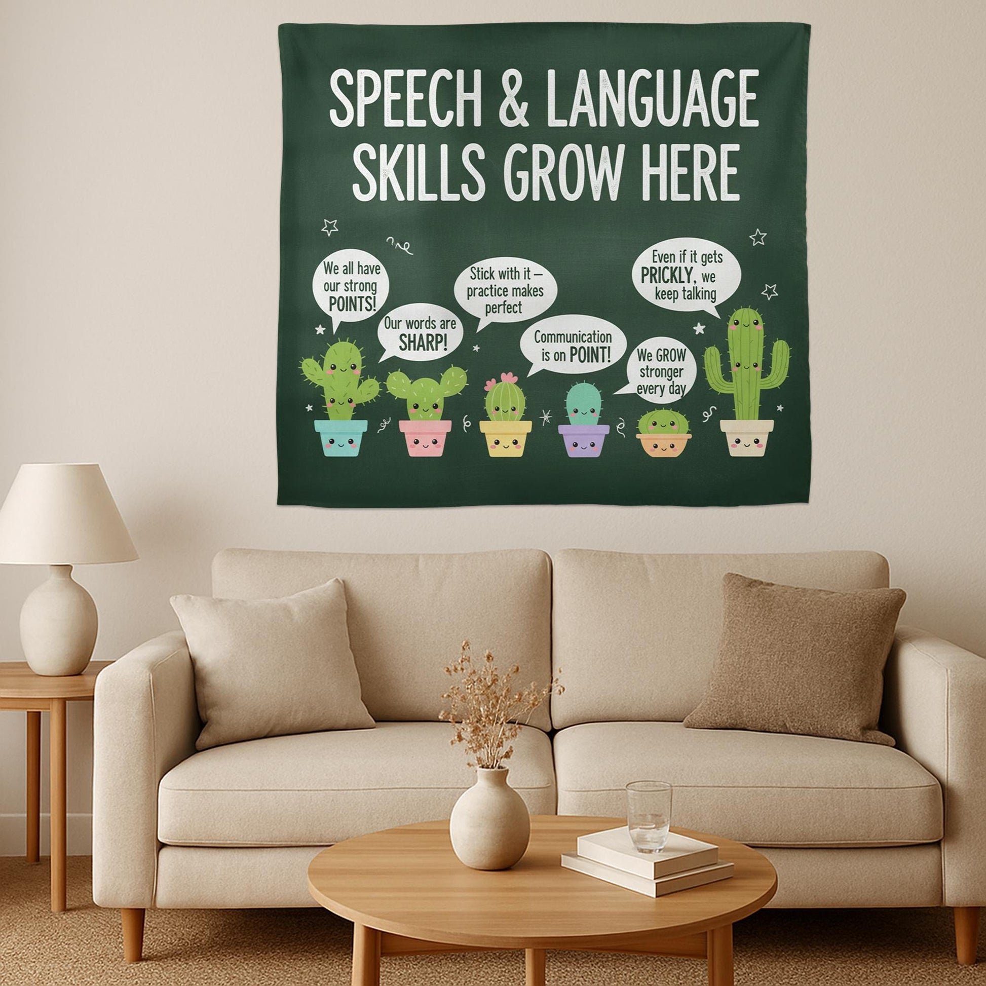 Speech Therapy Classroom Tapestry – Language Skills Growth Wall Decor with Cute Cactus Design