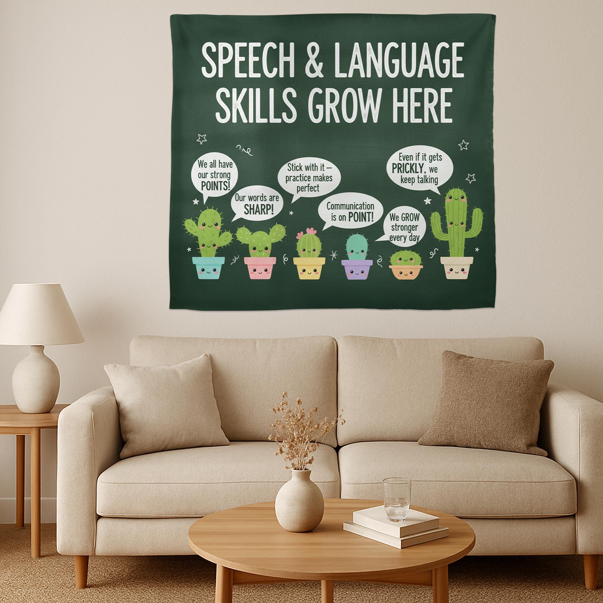 Speech Therapy Classroom Tapestry – Language Skills Growth Wall Decor with Cute Cactus Design