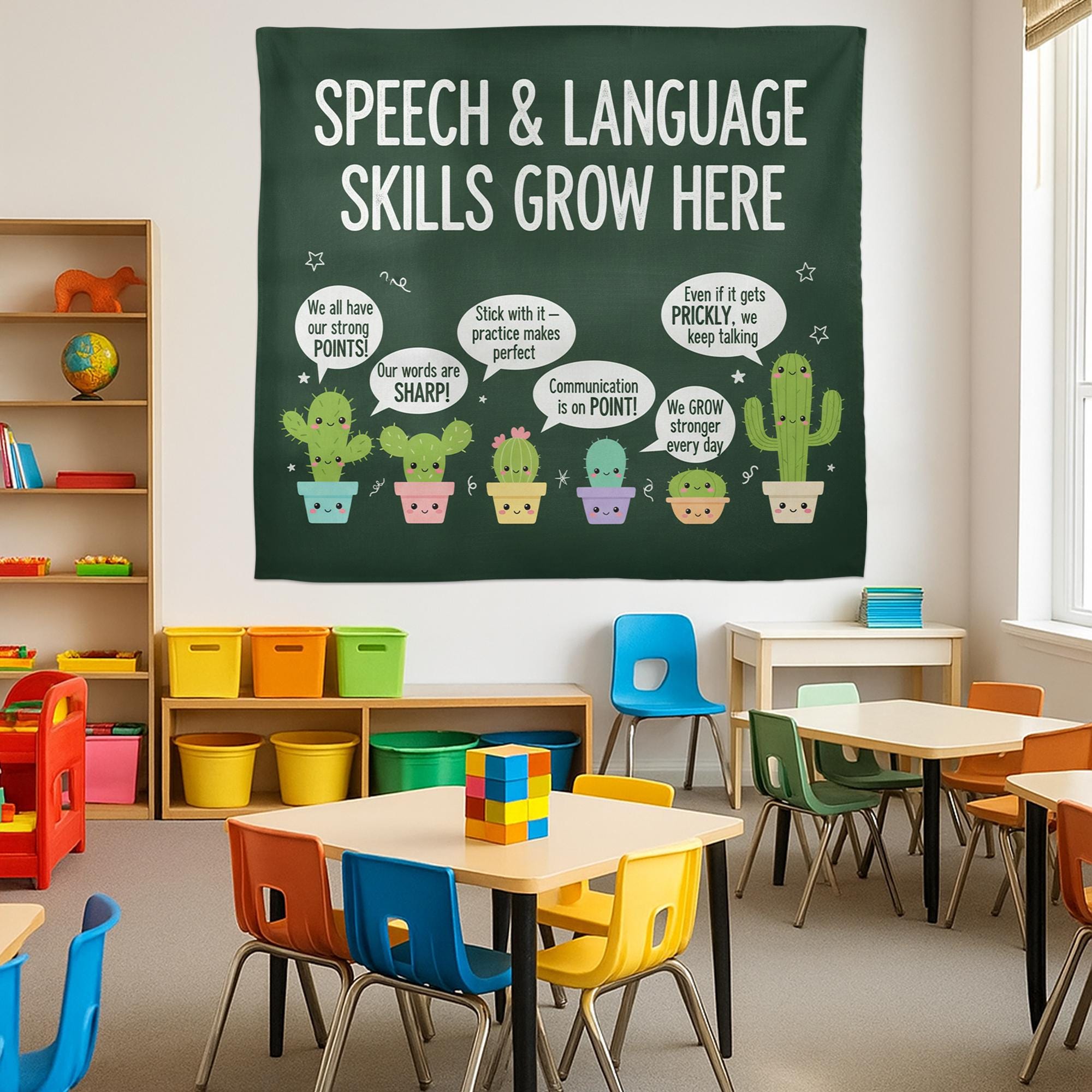 Speech Therapy Classroom Tapestry – Language Skills Growth Wall Decor with Cute Cactus Design