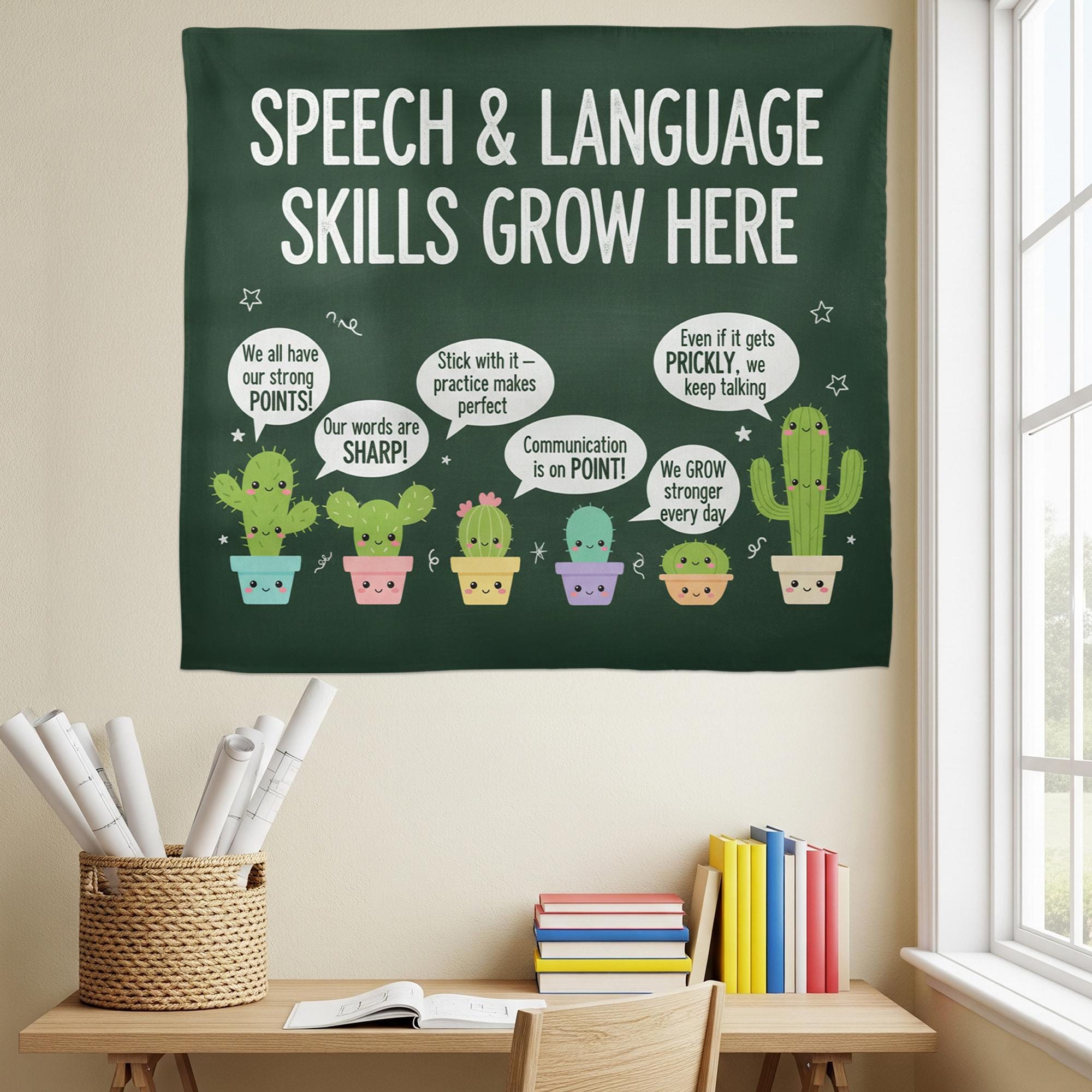 Speech Therapy Classroom Tapestry – Language Skills Growth Wall Decor with Cute Cactus Design