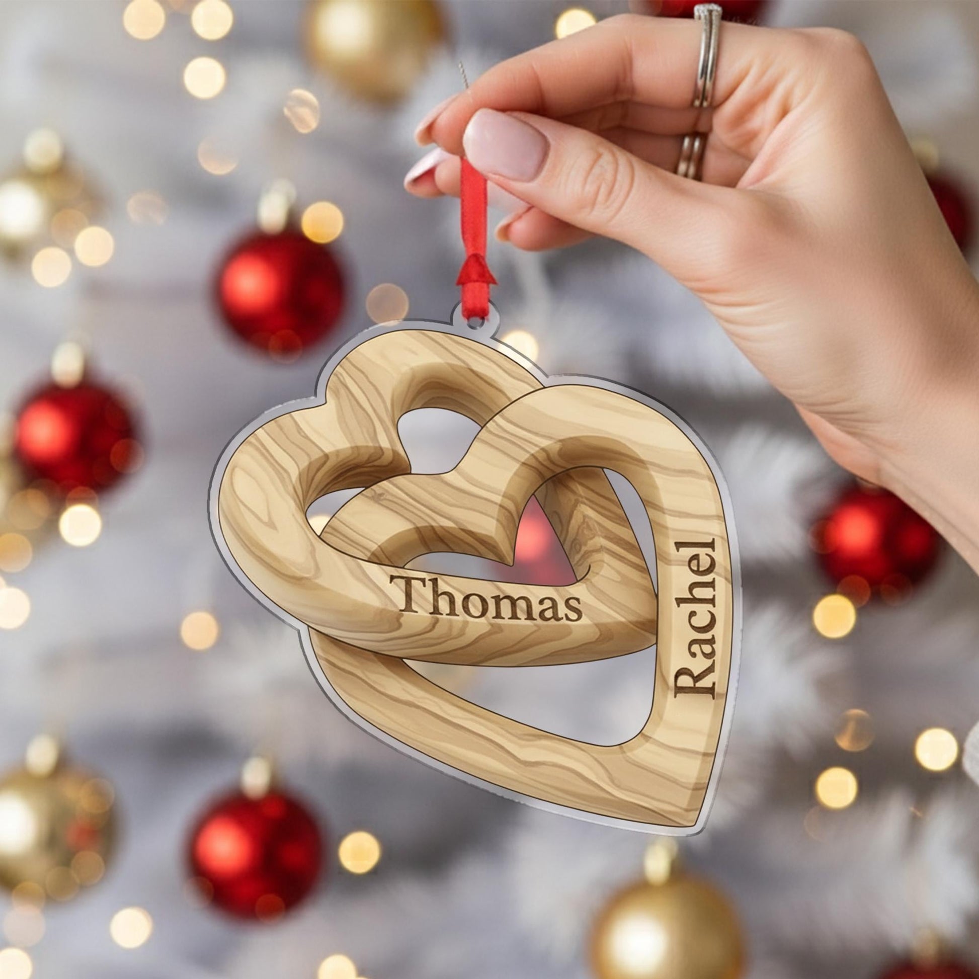 Personalized Anniversary Ornament – Acrylic Double Heart Decoration with Custom Names