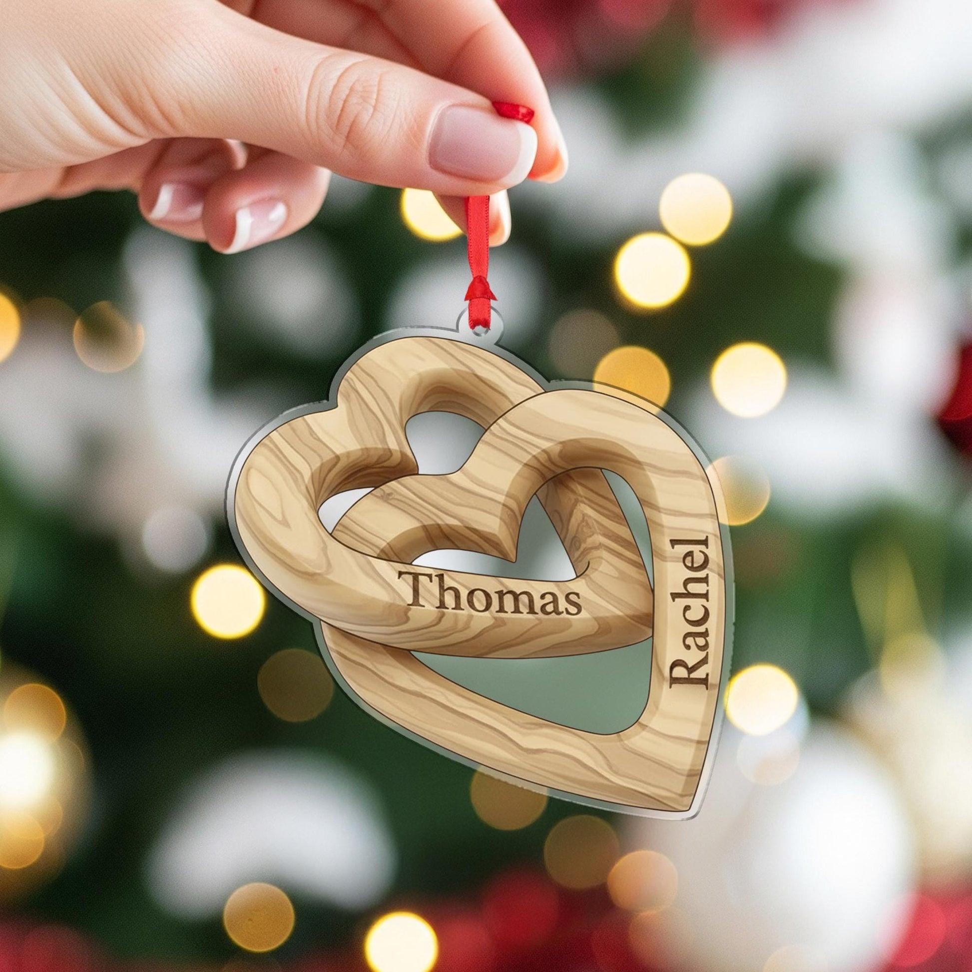 Personalized Anniversary Ornament – Acrylic Double Heart Decoration with Custom Names