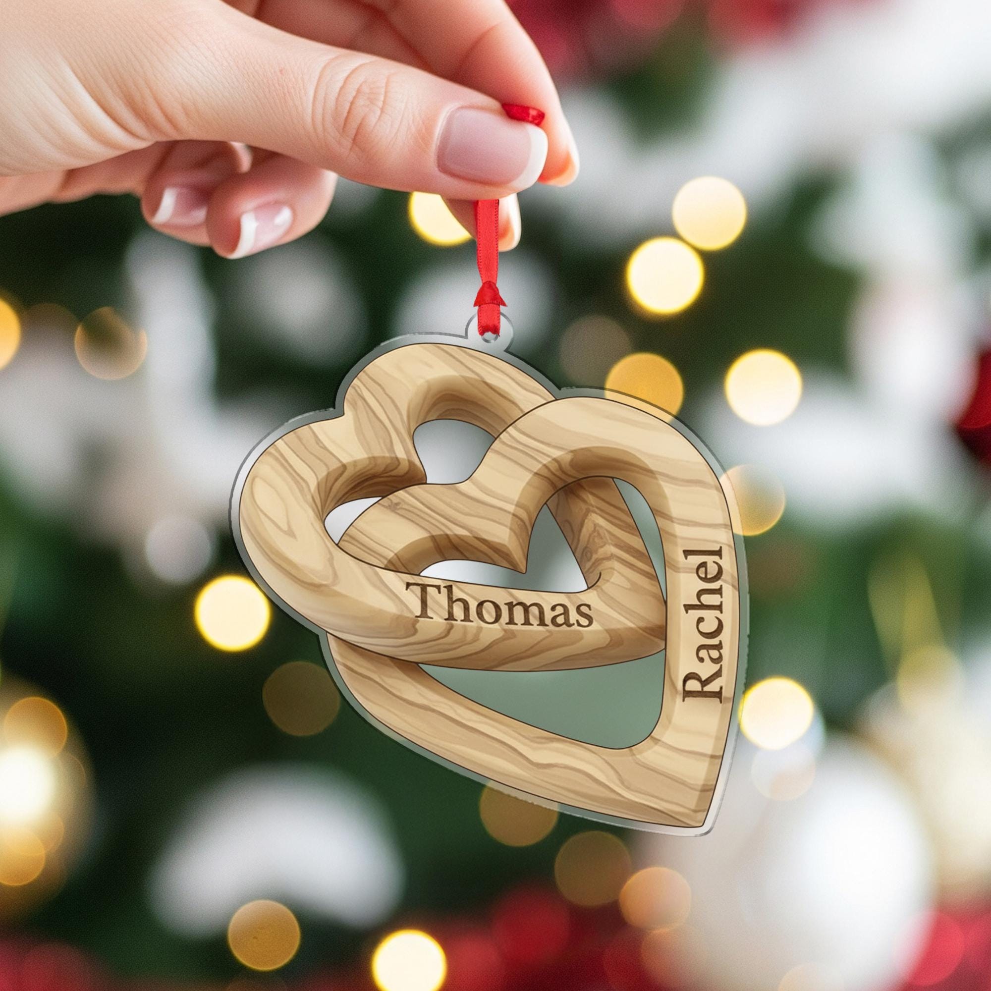 Personalized Anniversary Ornament – Acrylic Double Heart Decoration with Custom Names