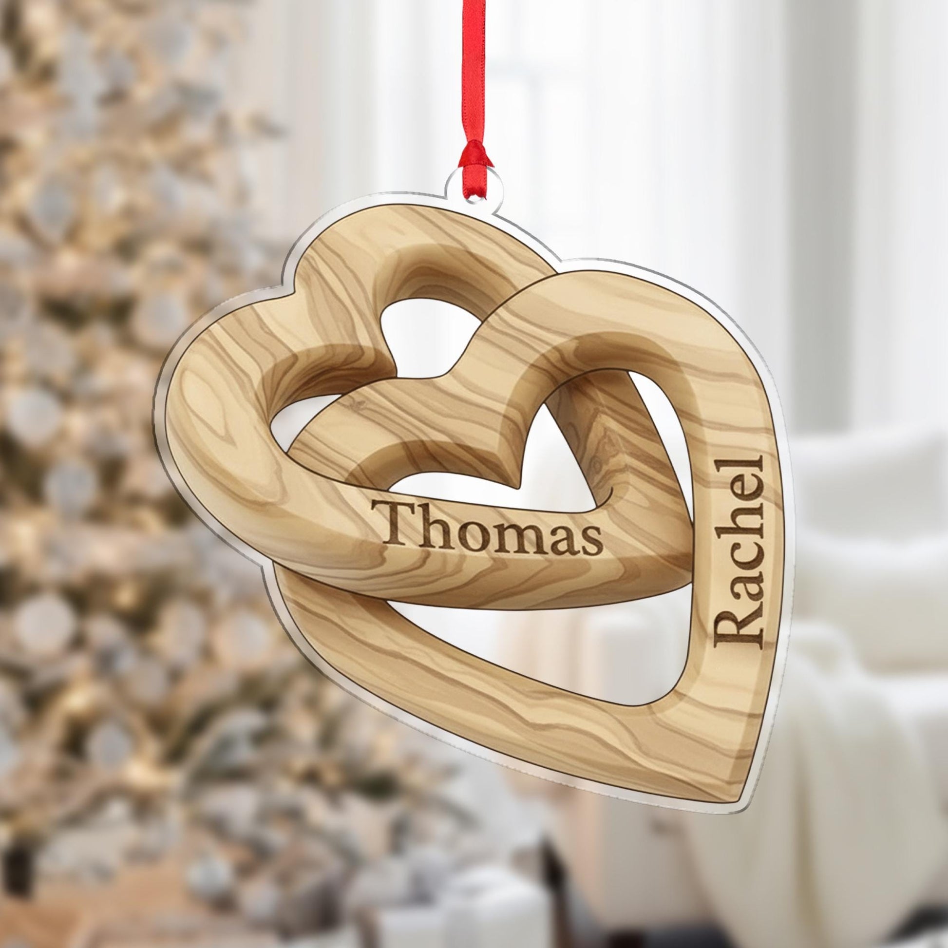 Personalized Anniversary Ornament – Acrylic Double Heart Decoration with Custom Names