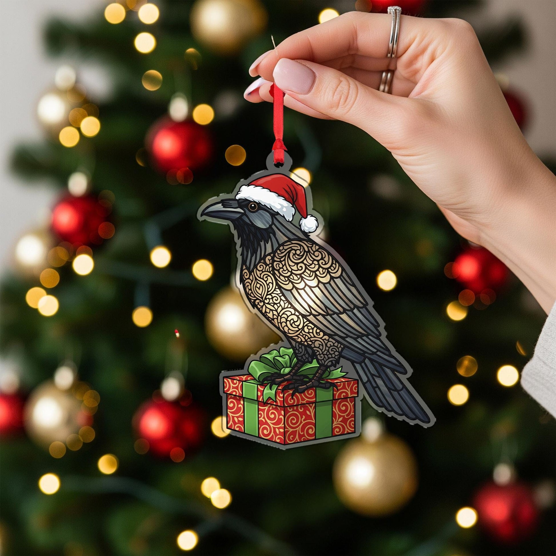Raven Christmas Ornament – Acrylic Hanging Decoration with Santa Hat and Gift Box Design