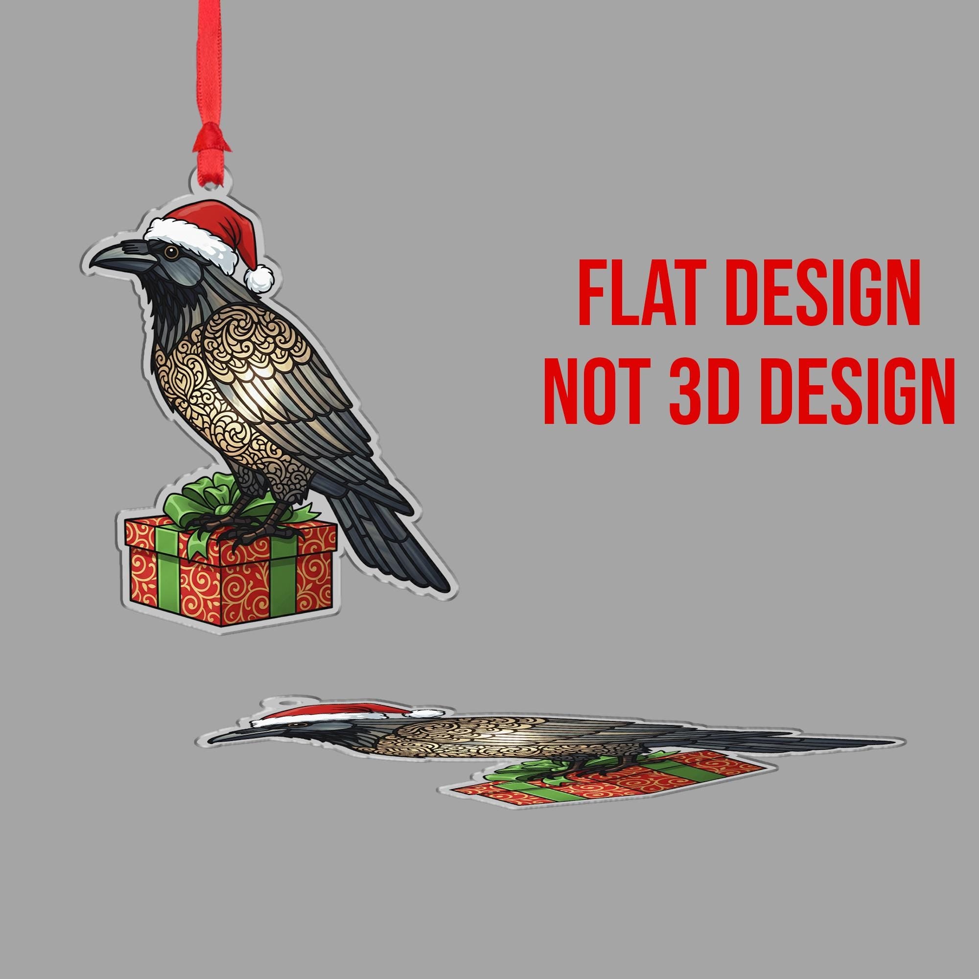Raven Christmas Ornament – Acrylic Hanging Decoration with Santa Hat and Gift Box Design
