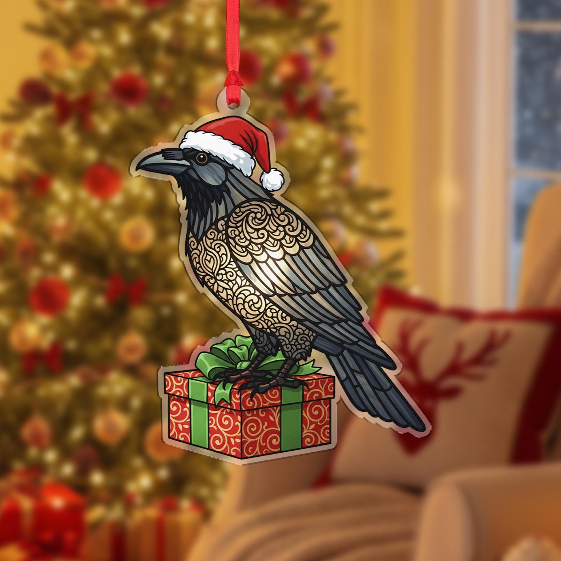 Raven Christmas Ornament – Acrylic Hanging Decoration with Santa Hat and Gift Box Design