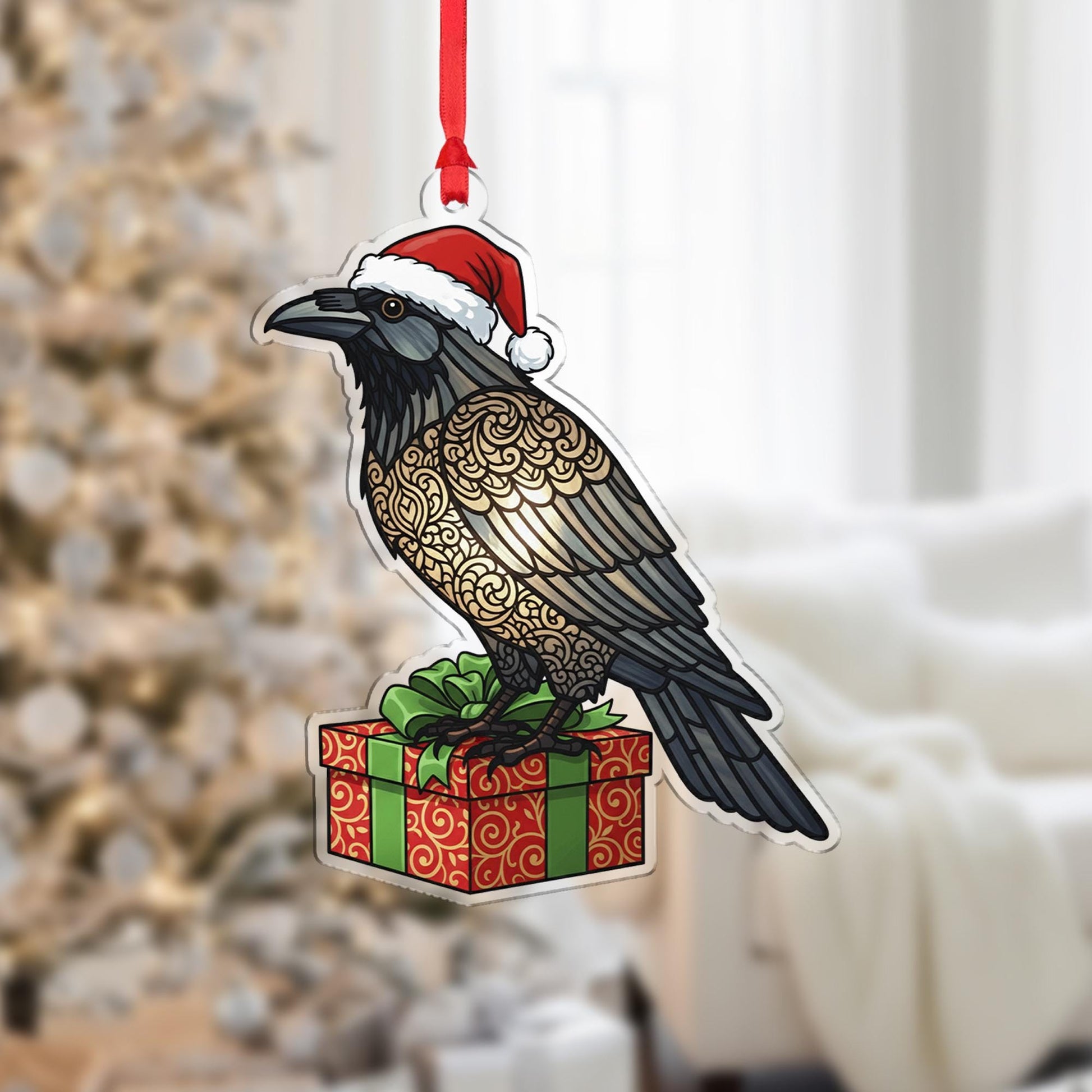 Raven Christmas Ornament – Acrylic Hanging Decoration with Santa Hat and Gift Box Design