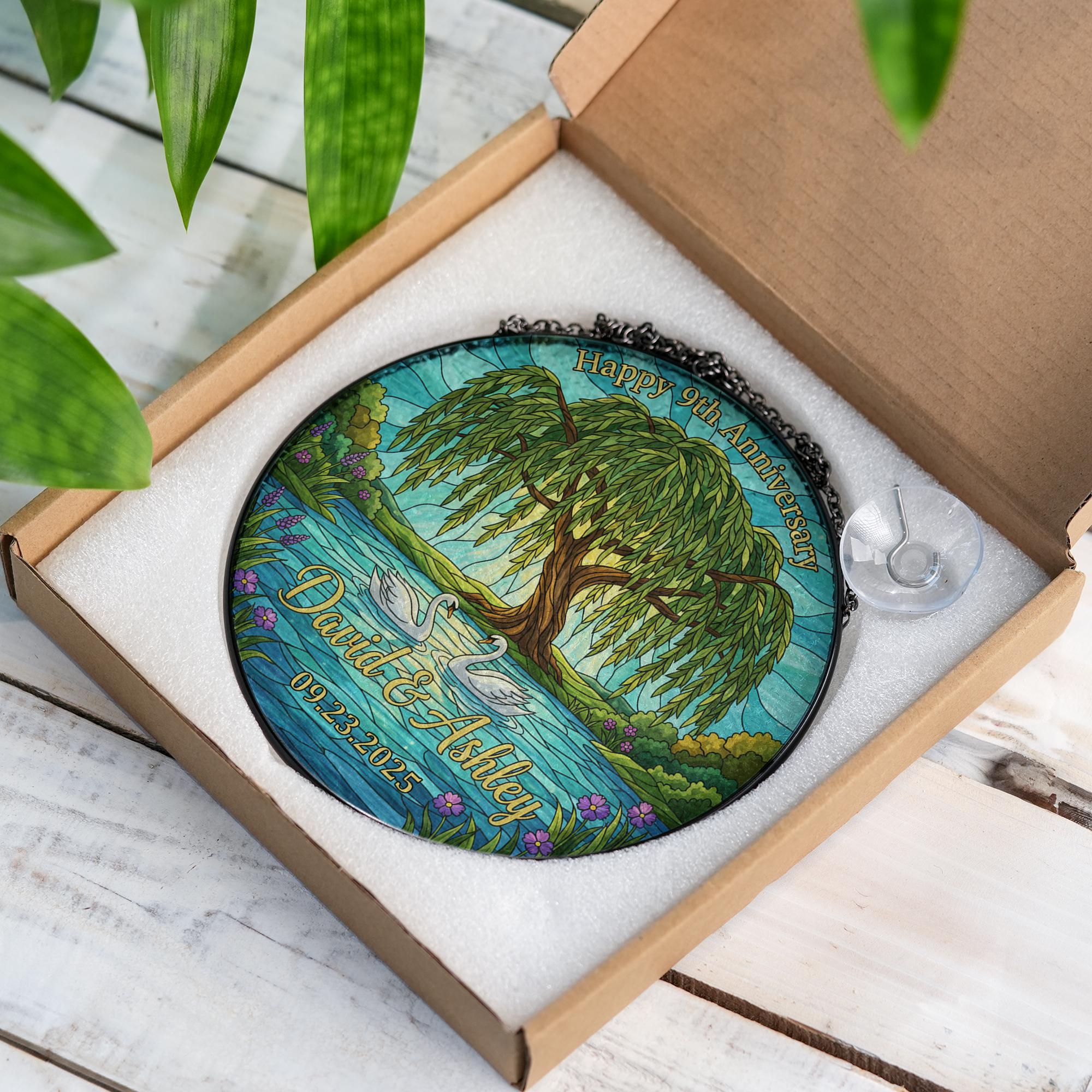 Personalized Anniversary Suncatcher – Faux Stained Glass Decoration with Willow Tree and Swan Design