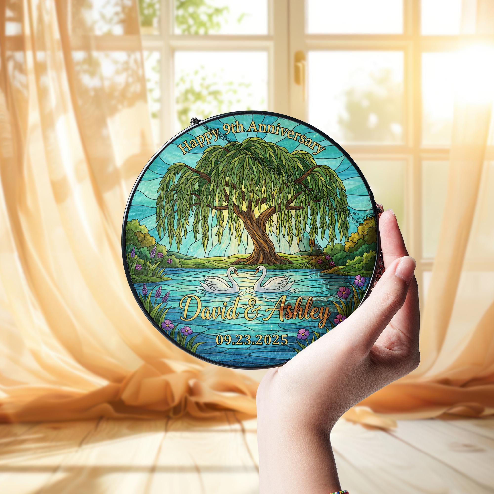 Personalized Anniversary Suncatcher – Faux Stained Glass Decoration with Willow Tree and Swan Design