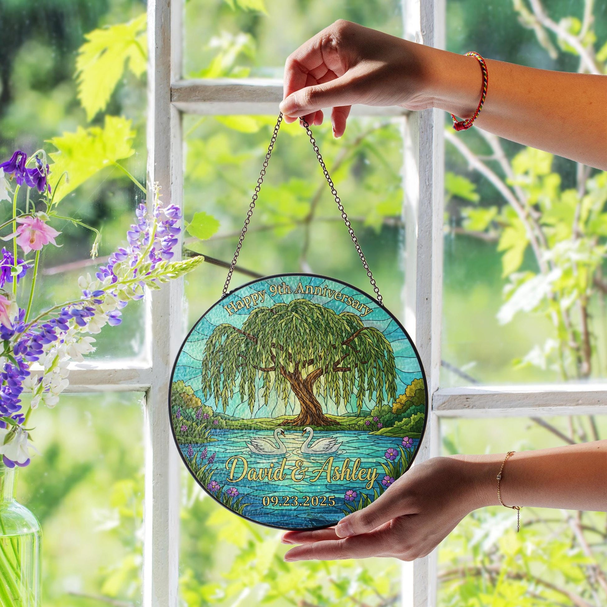 Personalized Anniversary Suncatcher – Faux Stained Glass Decoration with Willow Tree and Swan Design