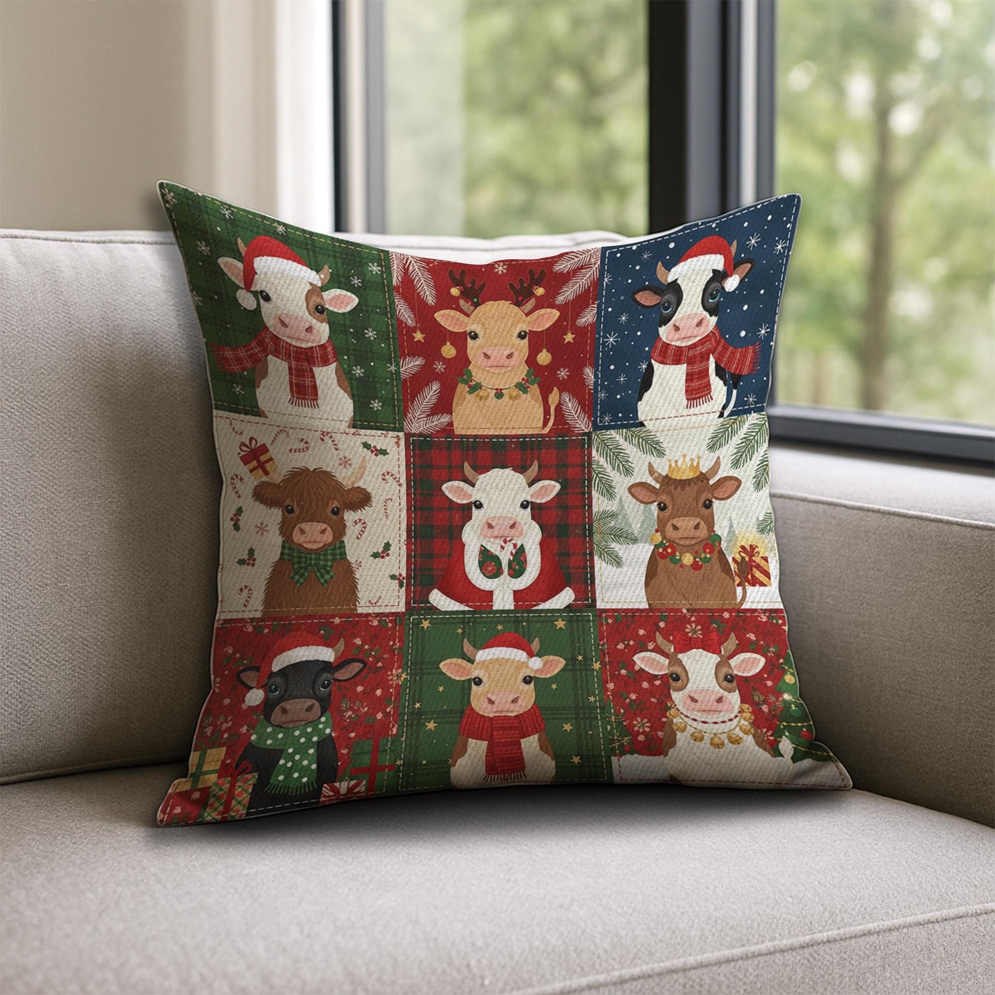 Christmas Cow Pillow – Farmhouse Holiday Throw Cushion with Festive Cattle Design