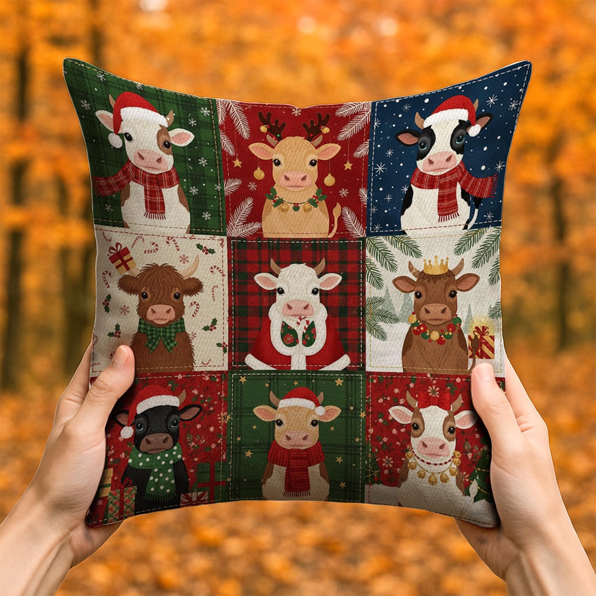 Christmas Cow Pillow – Farmhouse Holiday Throw Cushion with Festive Cattle Design