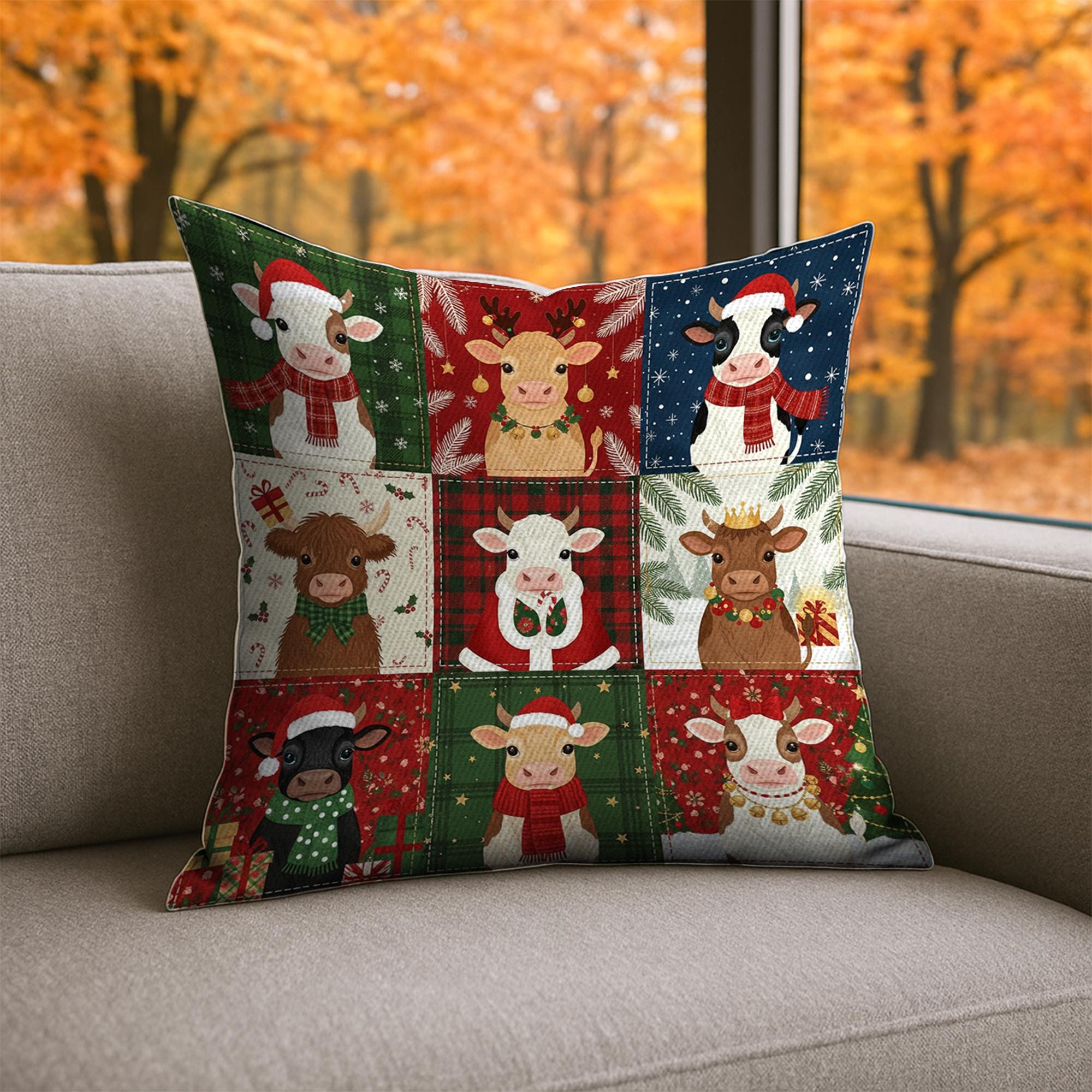 Christmas Cow Pillow – Farmhouse Holiday Throw Cushion with Festive Cattle Design