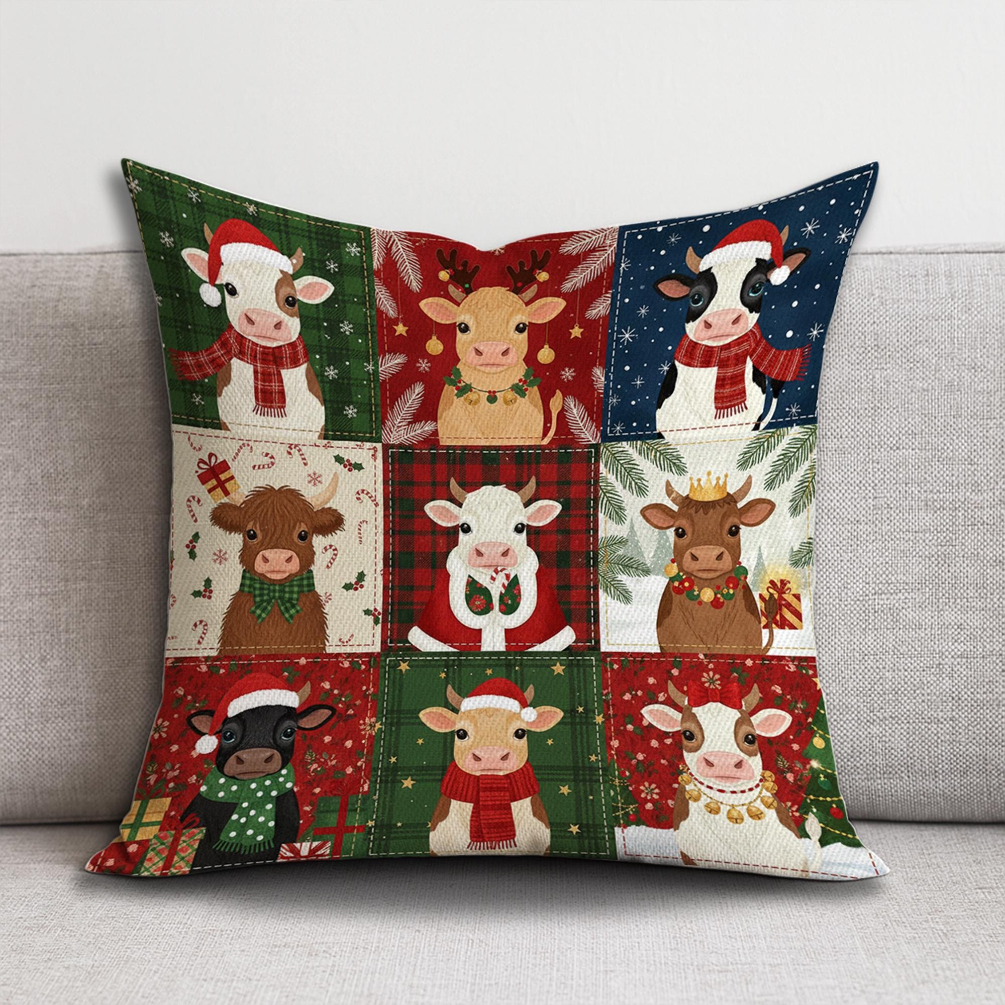 Christmas Cow Pillow – Farmhouse Holiday Throw Cushion with Festive Cattle Design