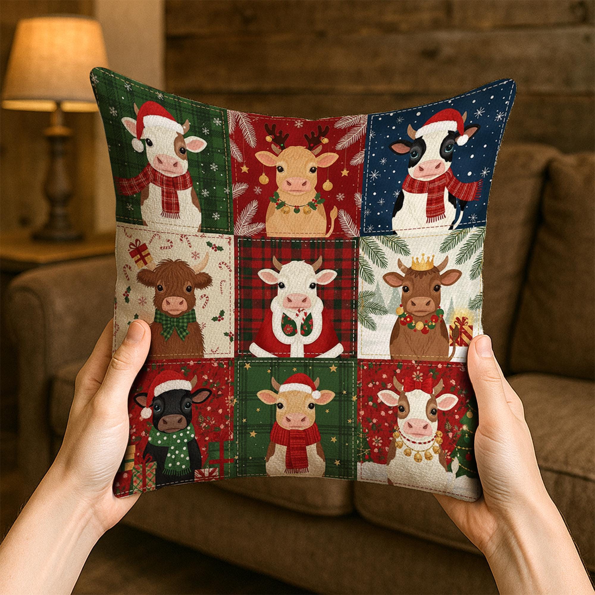 Christmas Cow Pillow – Farmhouse Holiday Throw Cushion with Festive Cattle Design