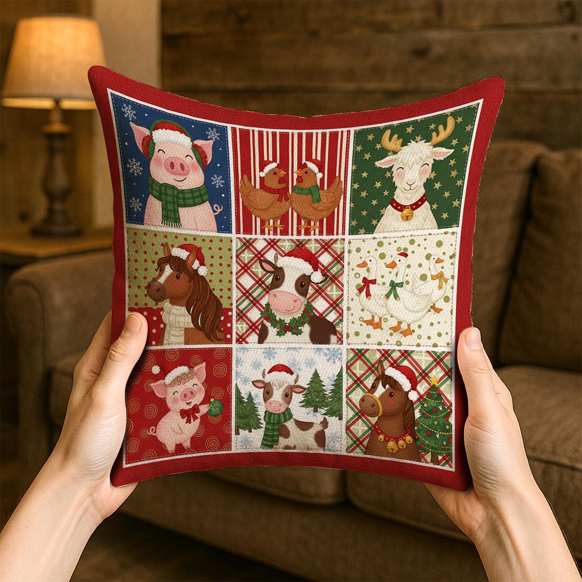 Christmas Farm Animal Pillow – Holiday Throw Cushion with Pig, Cow, Horse & Chicken Design