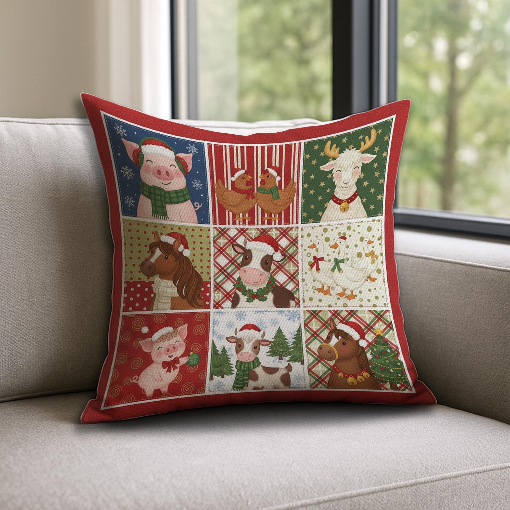 Christmas Farm Animal Pillow – Holiday Throw Cushion with Pig, Cow, Horse & Chicken Design